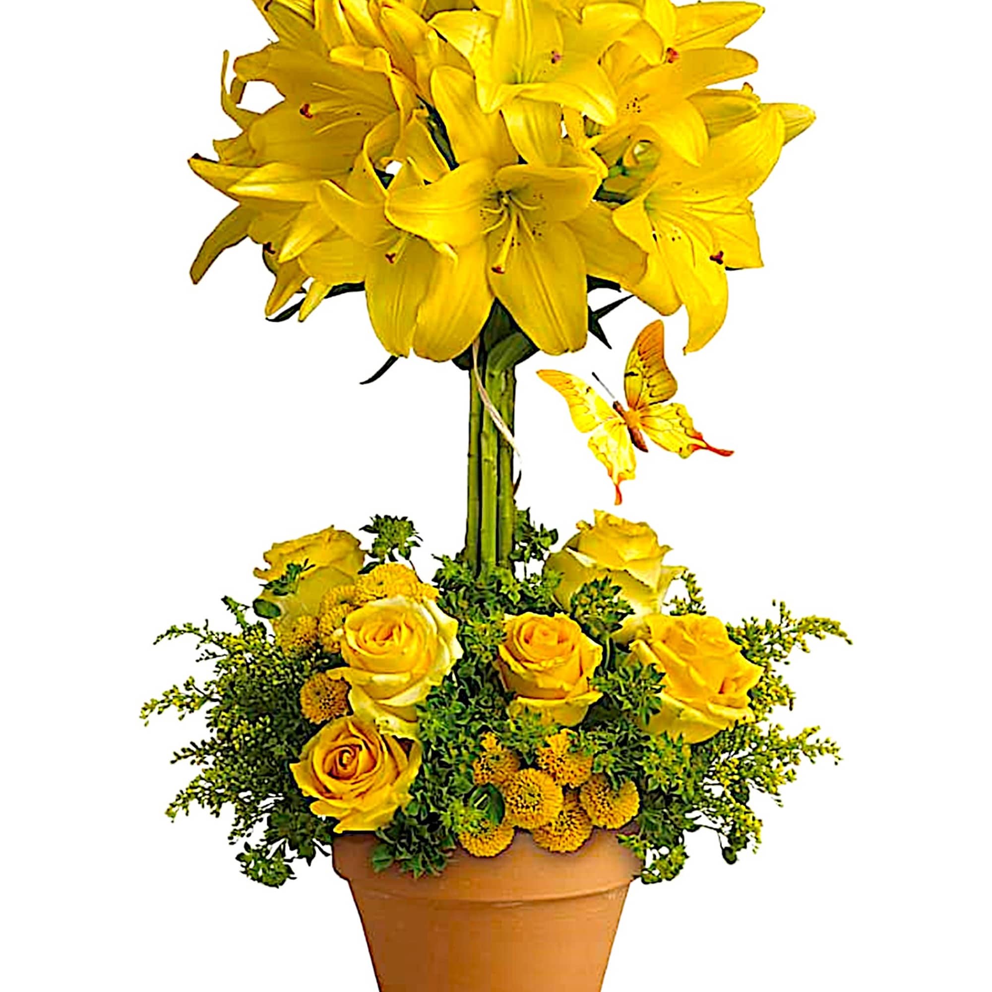 Yellow lilies and roses arranged in a terracotta pot with a butterfly accent