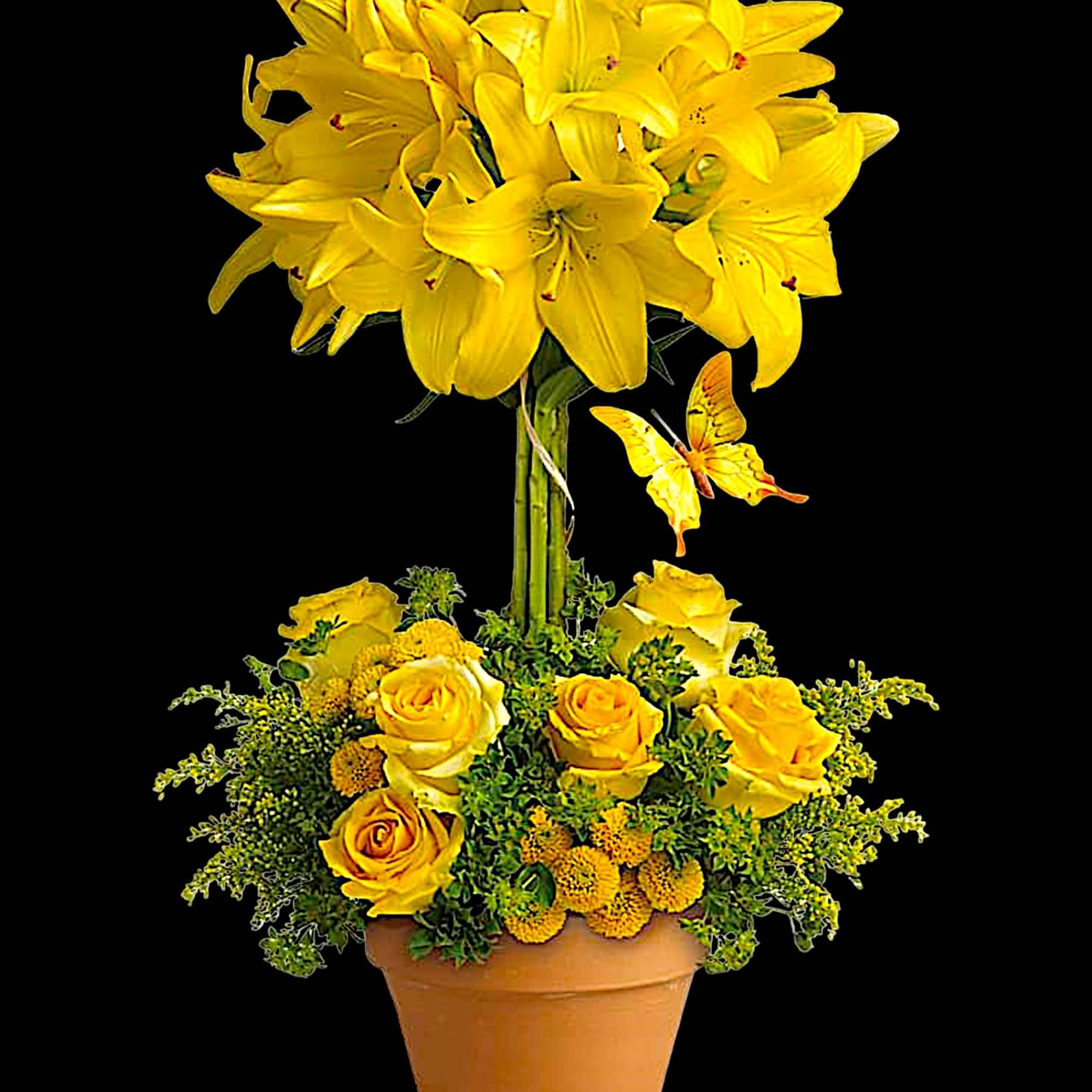 Yellow lilies and roses arranged in a terracotta pot with a butterfly accent, photo 4 of 5