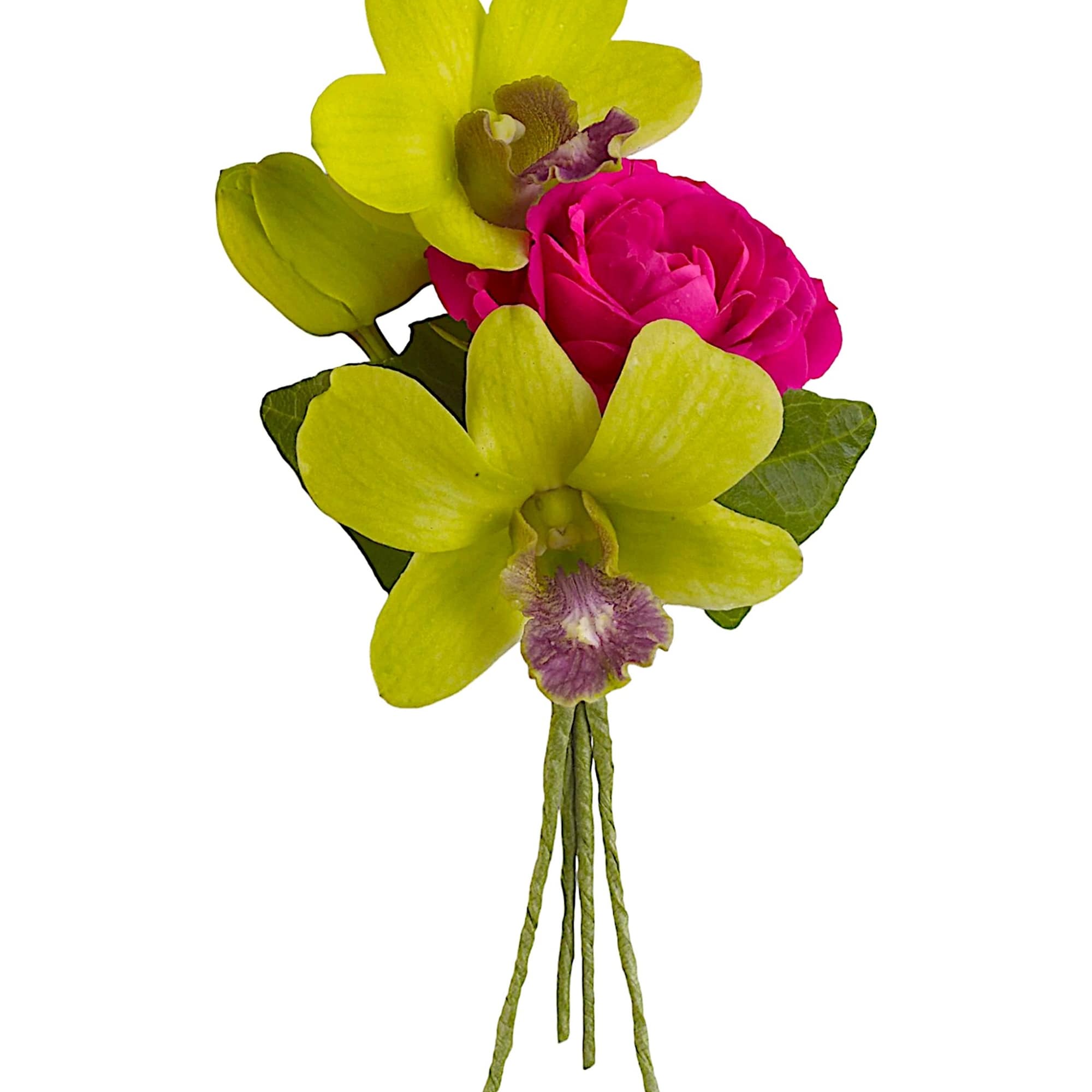 Small bouquet with yellow orchids and a pink rose