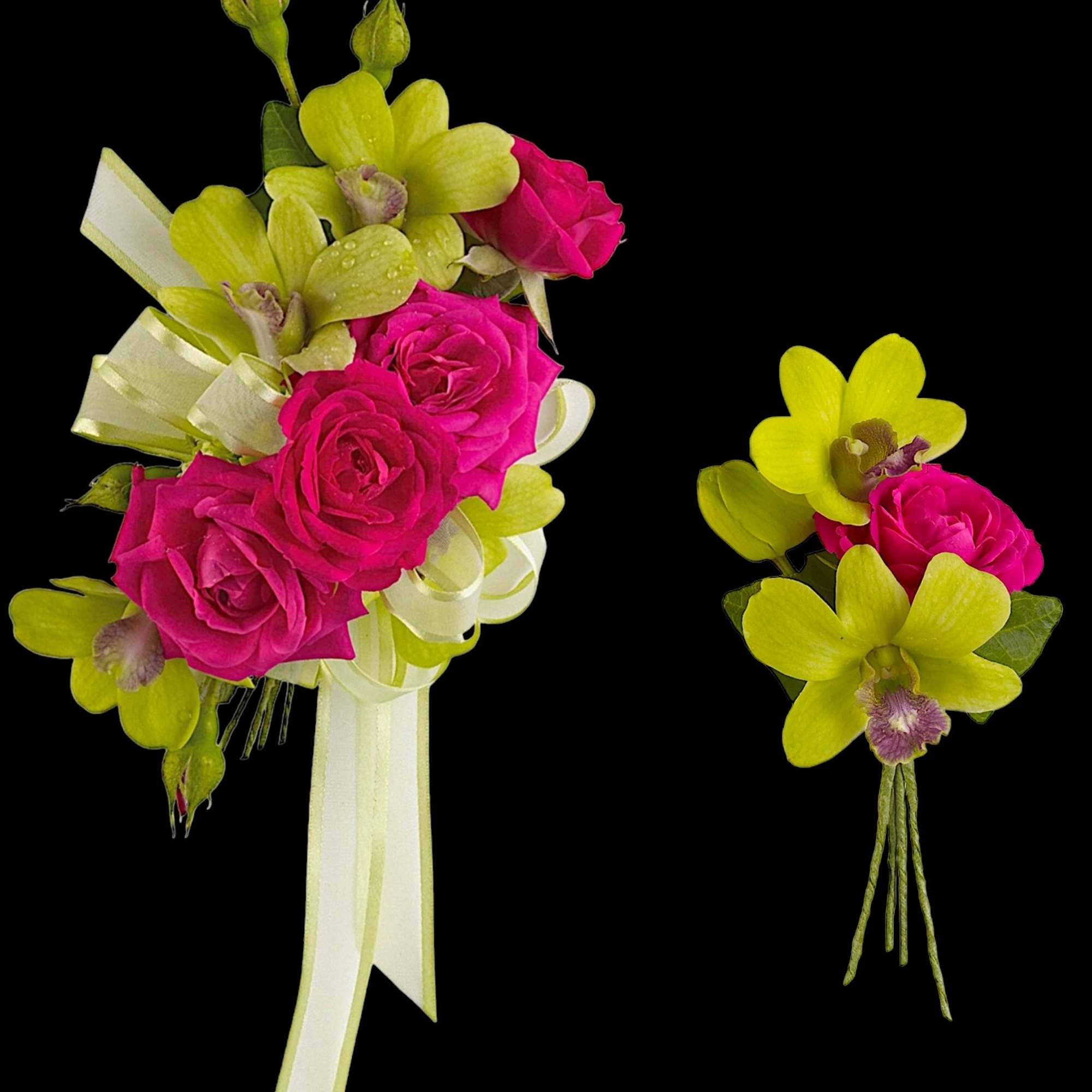 Pink rose and yellow orchid bouquet with white ribbon, plus matching boutonniere
