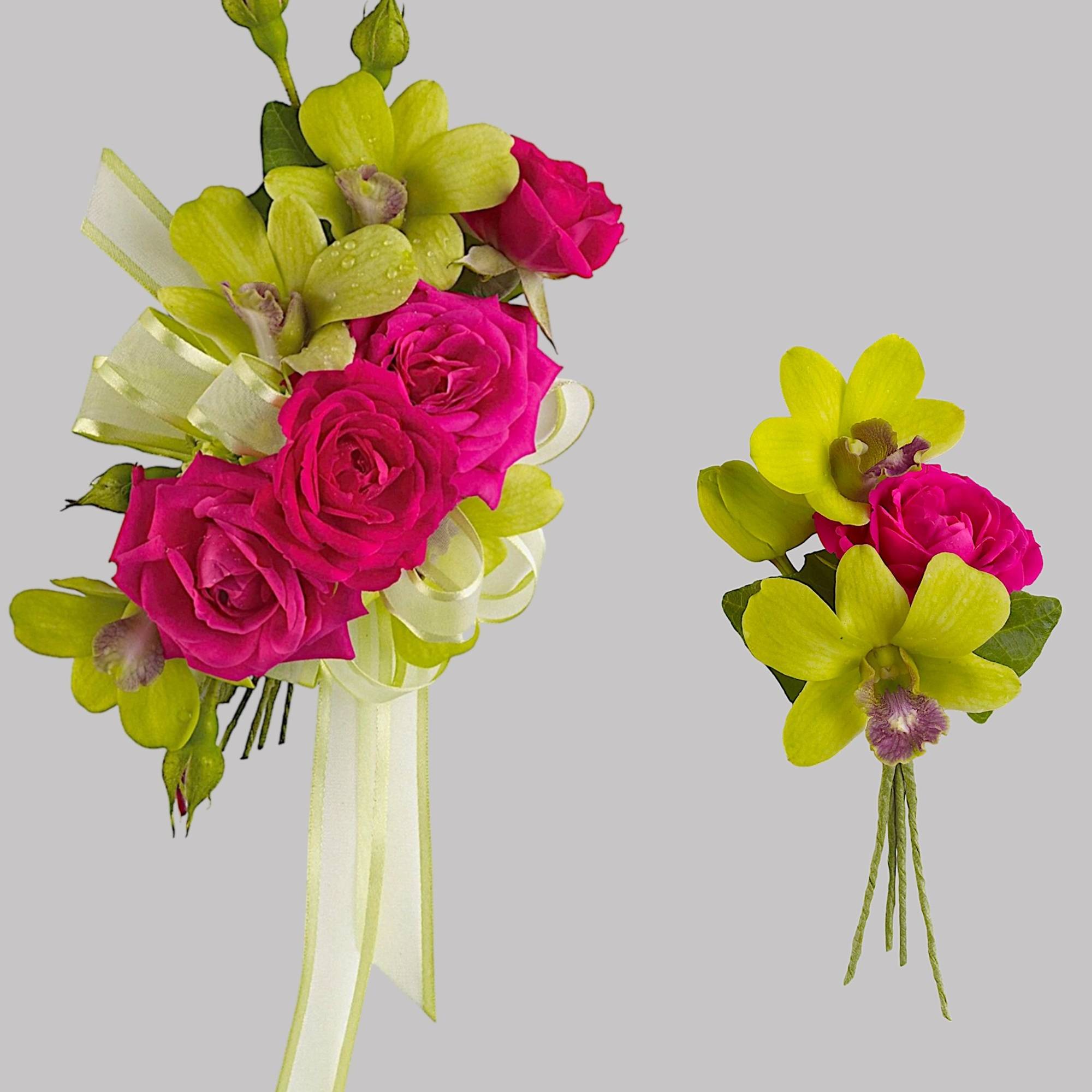 Pink roses and green orchids arranged as a bouquet and boutonniere