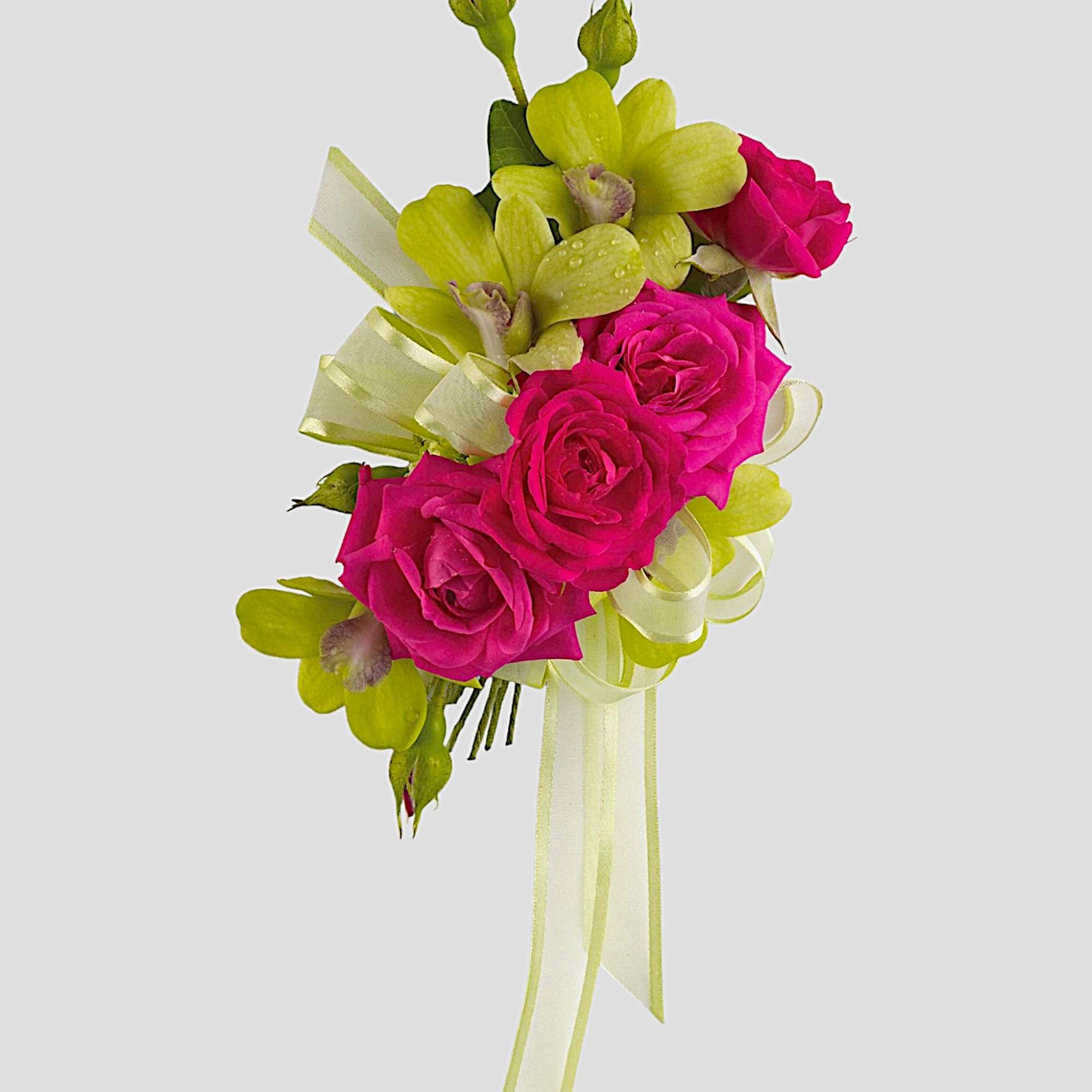 Pink roses with green orchids and ribbon streamers