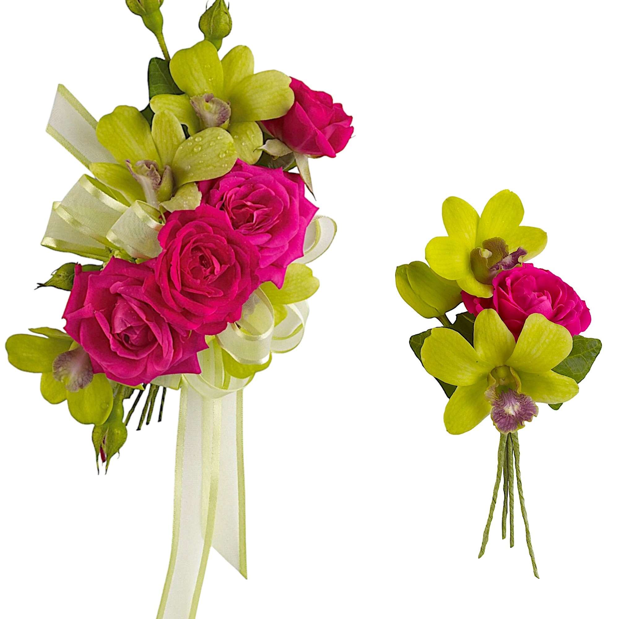 Pink rose and green orchid bouquet with ribbon, plus matching boutonniere