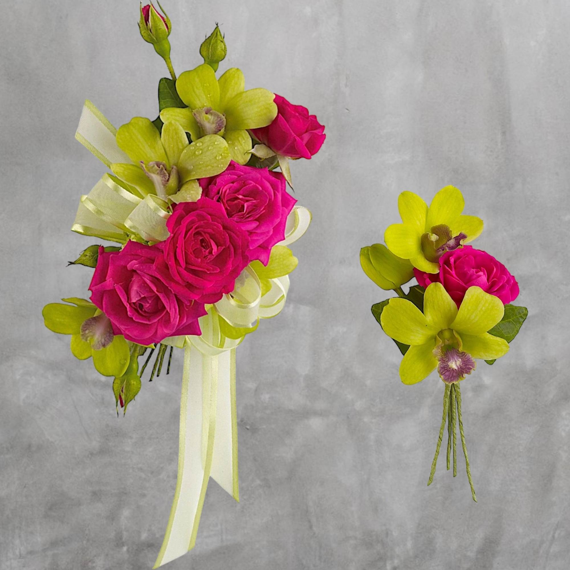 Bouquet of hot pink roses and lime green orchids with ribbon