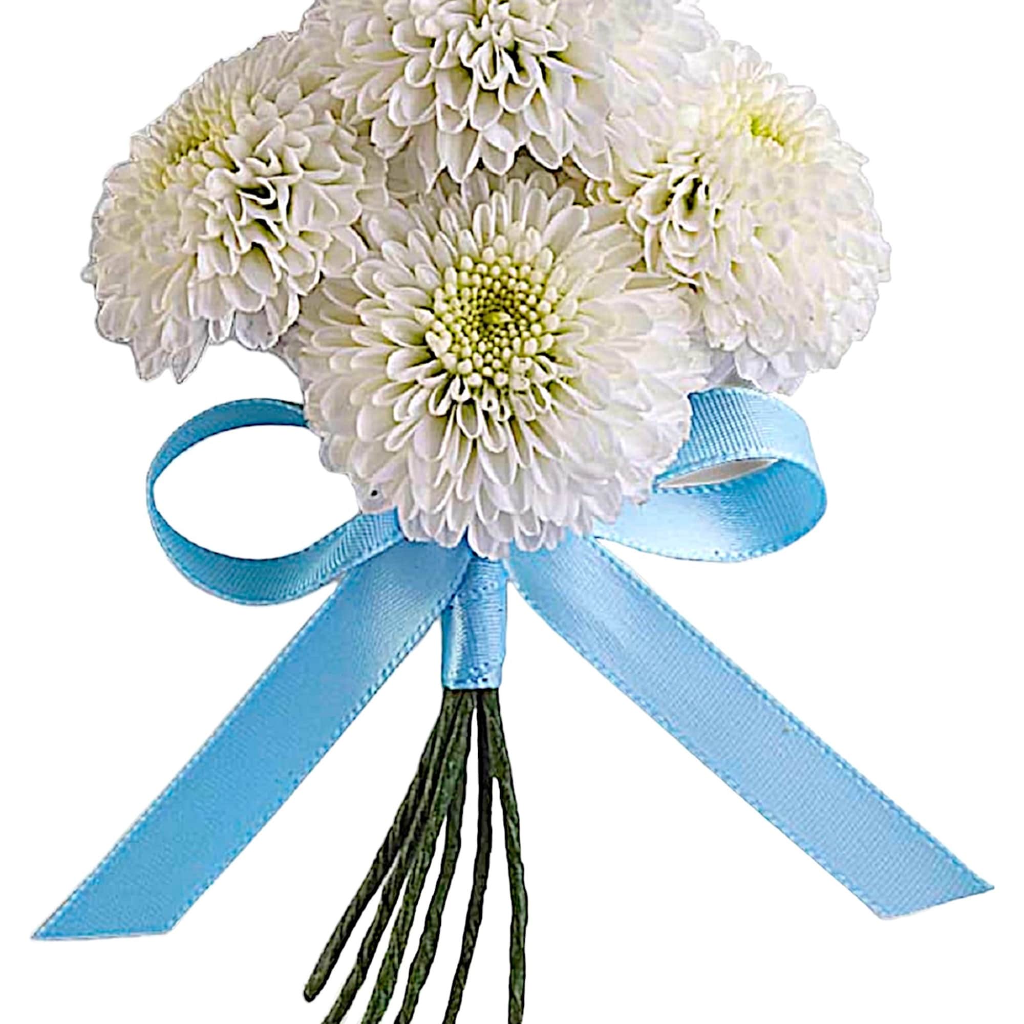 White chrysanthemum bouquet tied with a blue ribbon