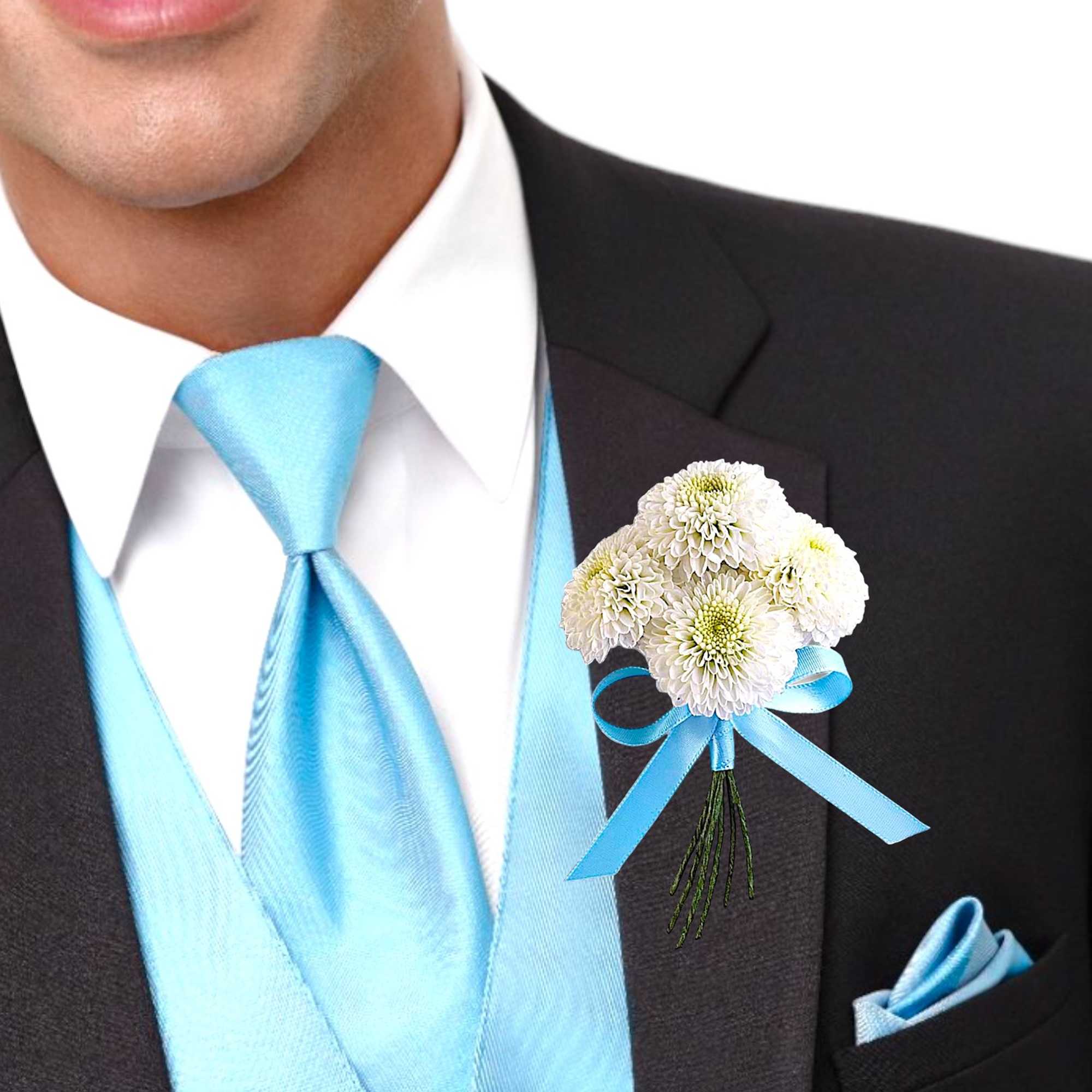 White boutonniere with blue ribbon on a suit jacket