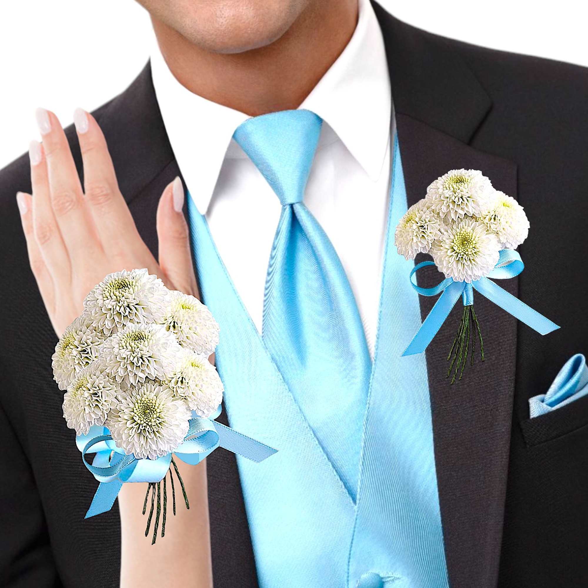 Boutonniere and wrist corsage with white flowers and blue ribbon on formalwear