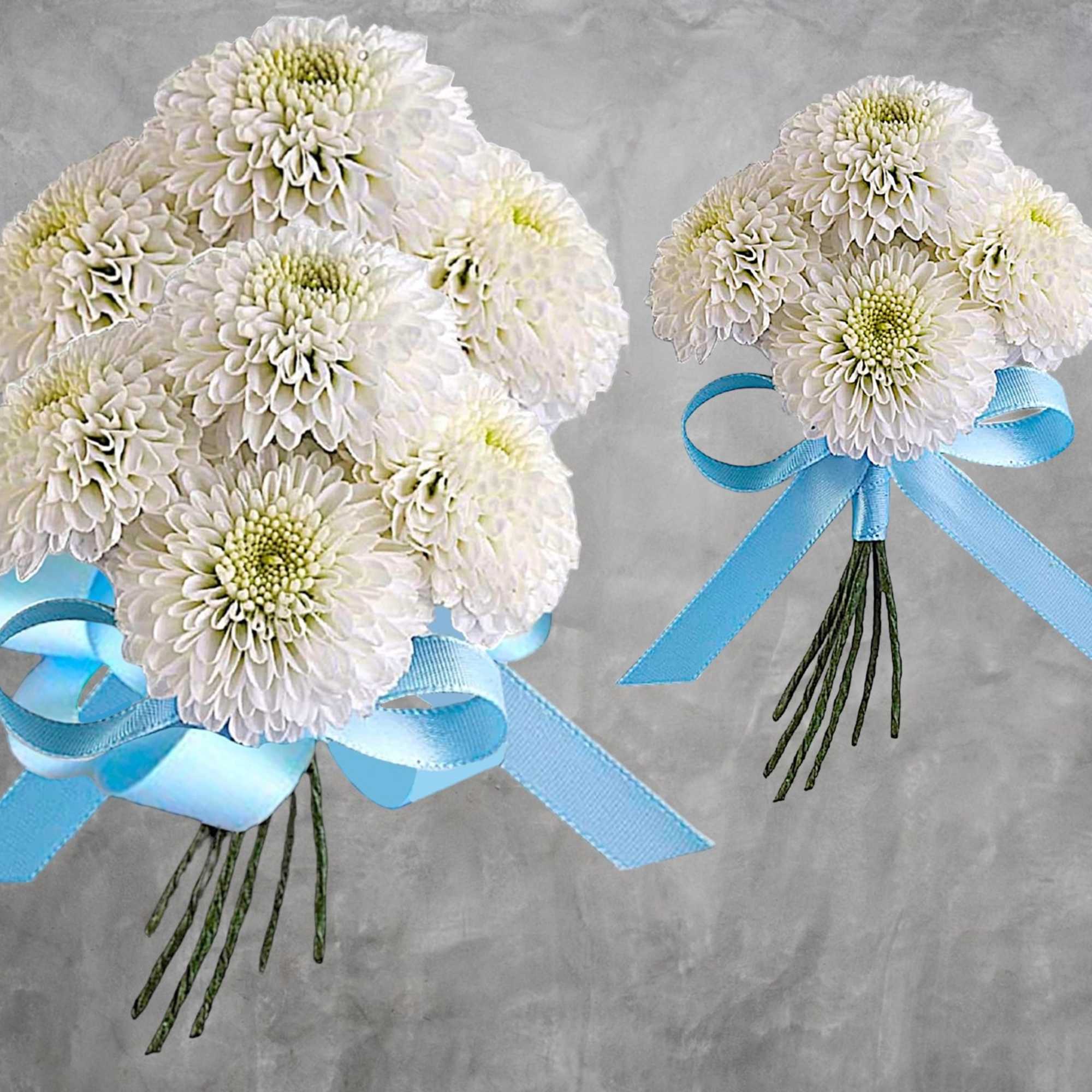 Two white chrysanthemum bouquets tied with blue ribbons, photo 3 of 5