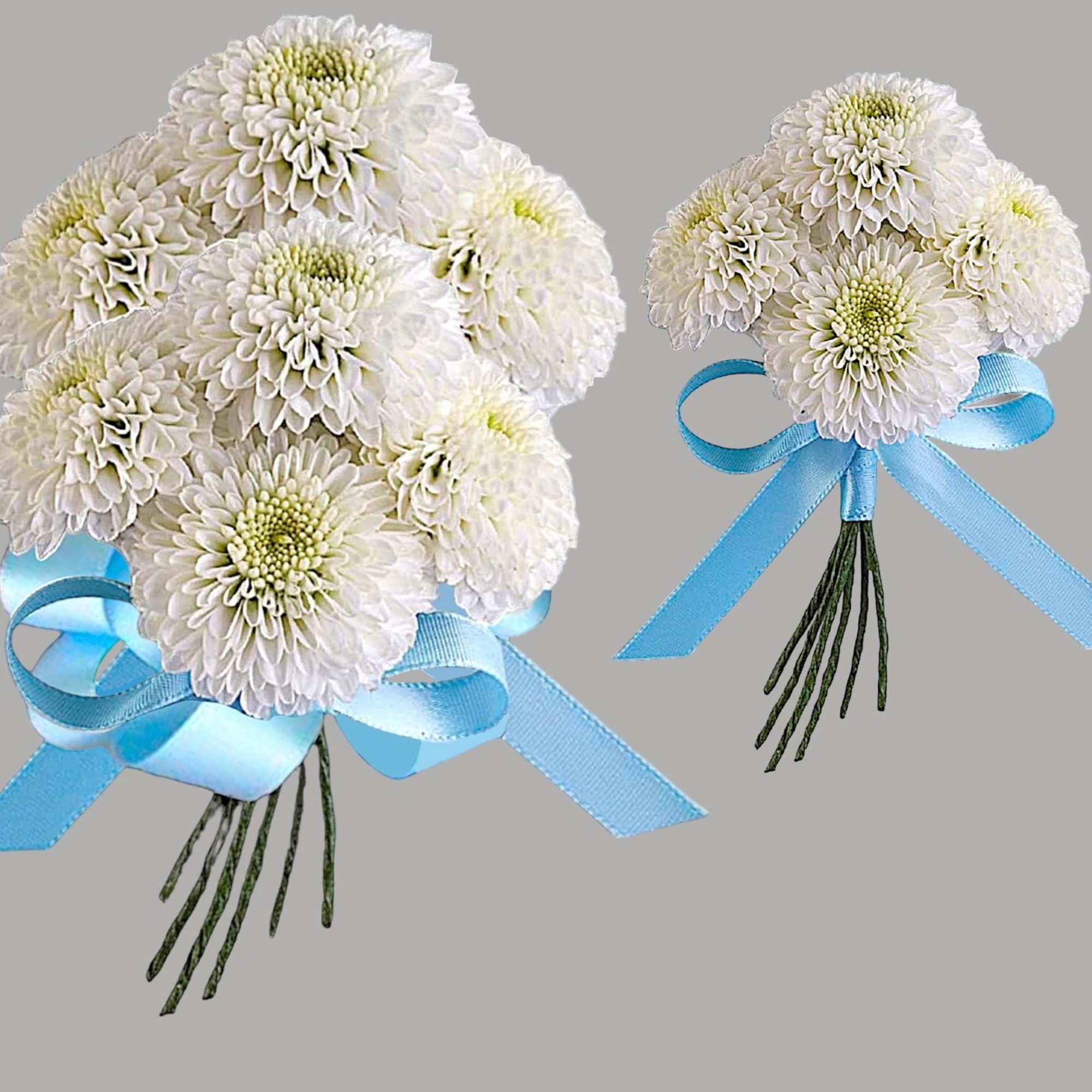 Two white chrysanthemum bouquets tied with blue ribbons, photo 5 of 5