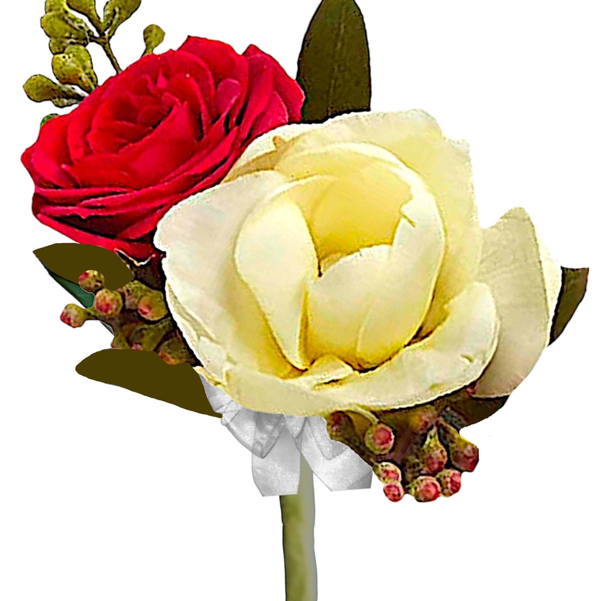 Red and white rose boutonniere with a white ribbon