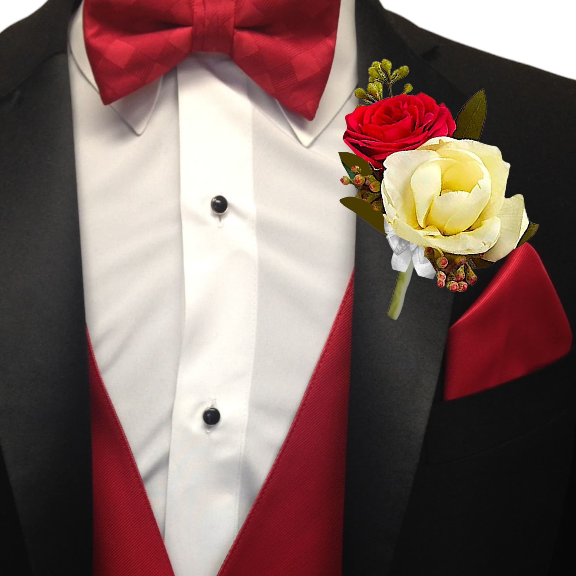 Red and white rose boutonniere on a tuxedo lapel