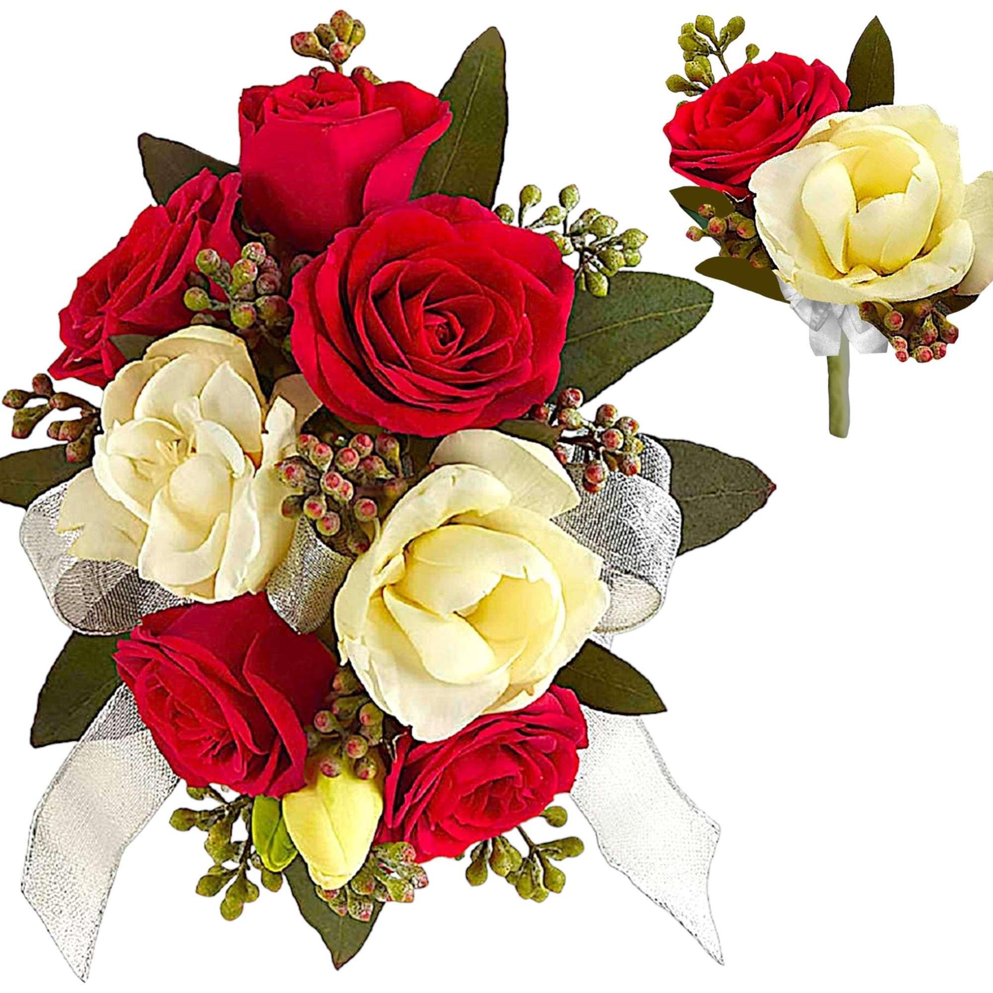 Red and cream rose bouquet with ribbon and matching boutonniere