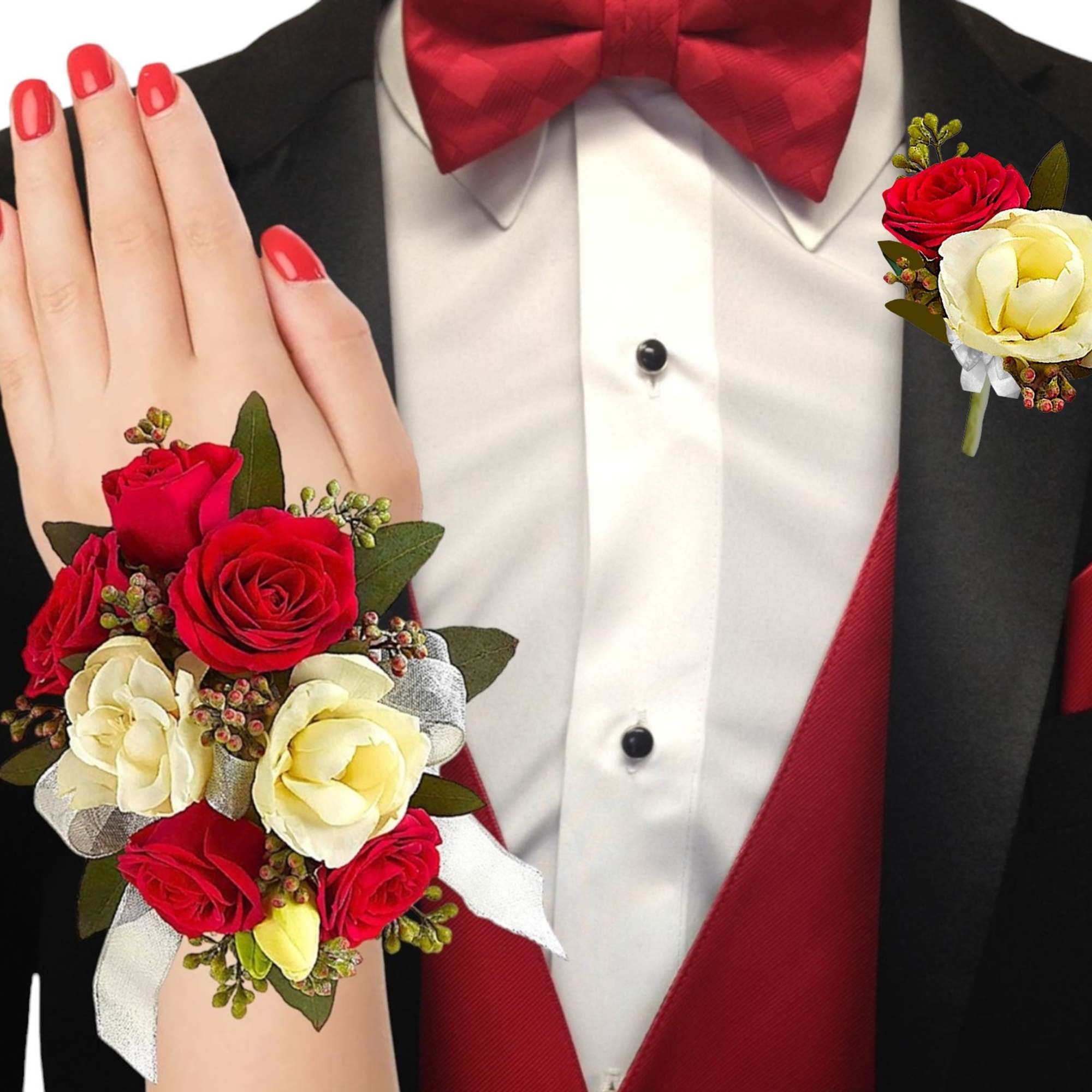 Red and cream rose corsage and boutonniere on formal attire