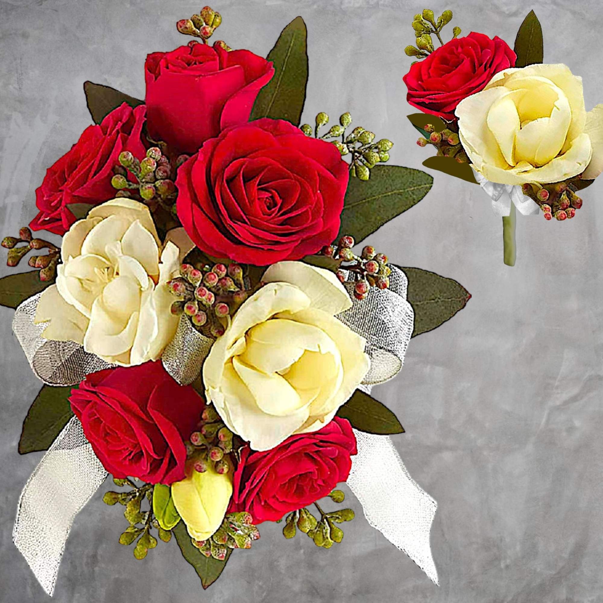 Bouquet of red and cream roses with ribbon wrap
