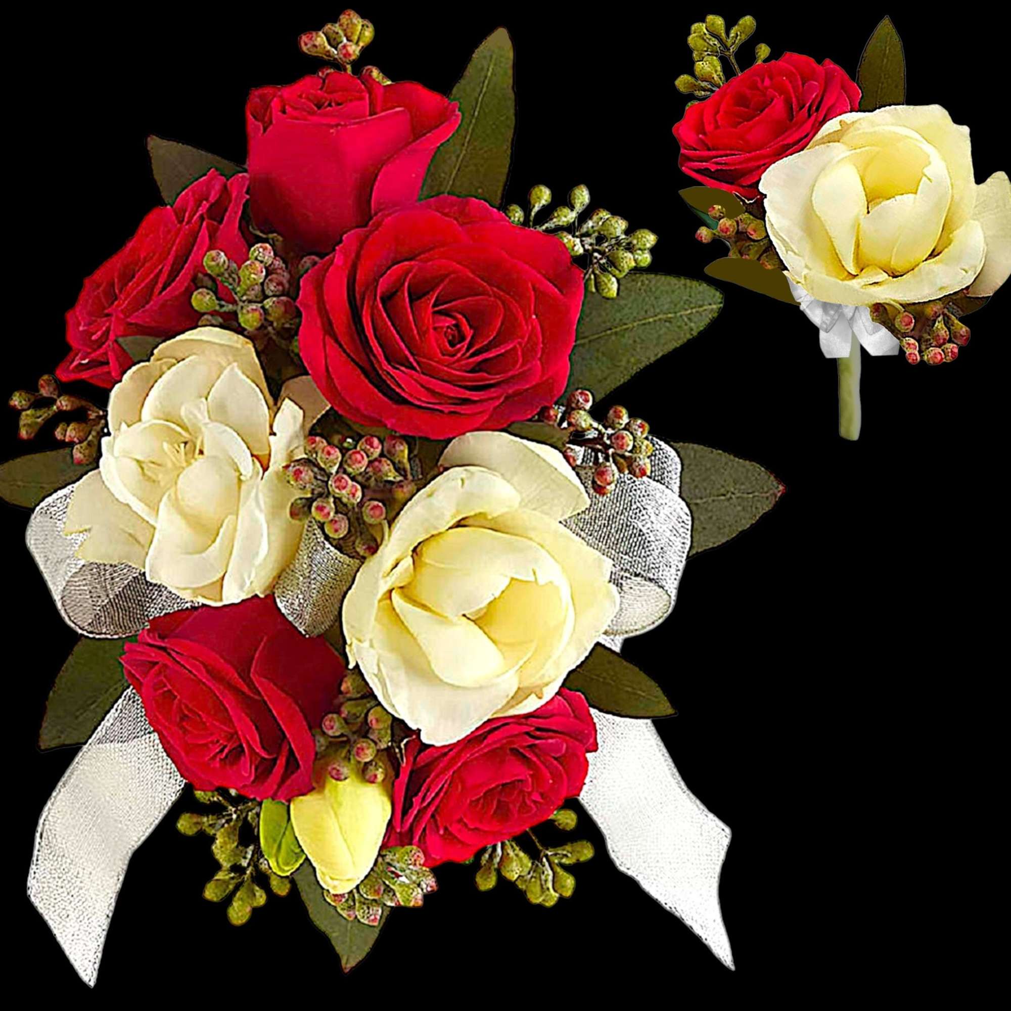 Red and cream rose bouquet with white ribbon