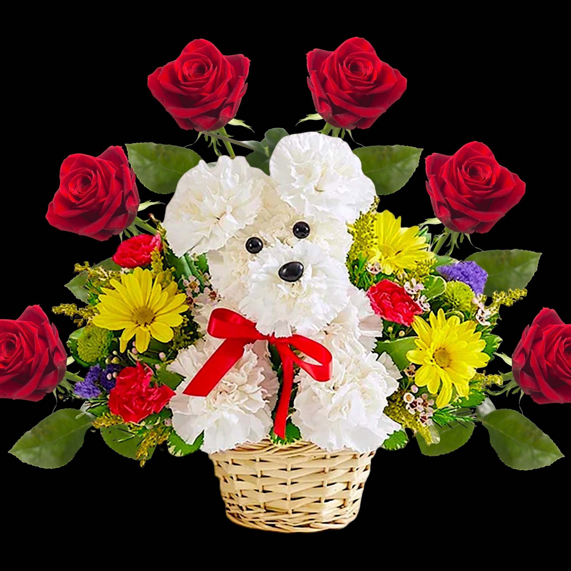 White teddy bear made of flowers in a basket with red roses and yellow daisies