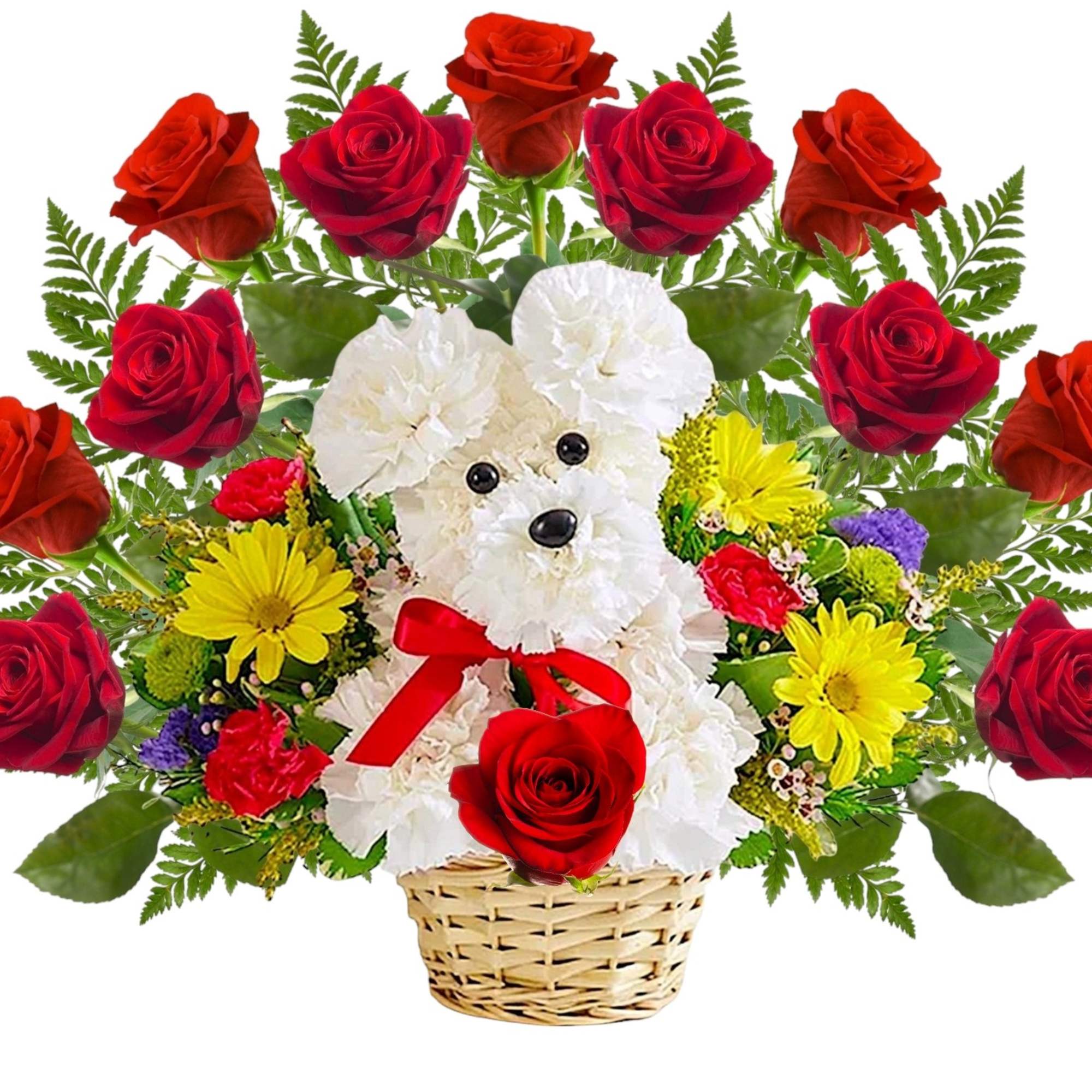 Basket arrangement with red roses, white flowers, and a teddy bear centerpiece