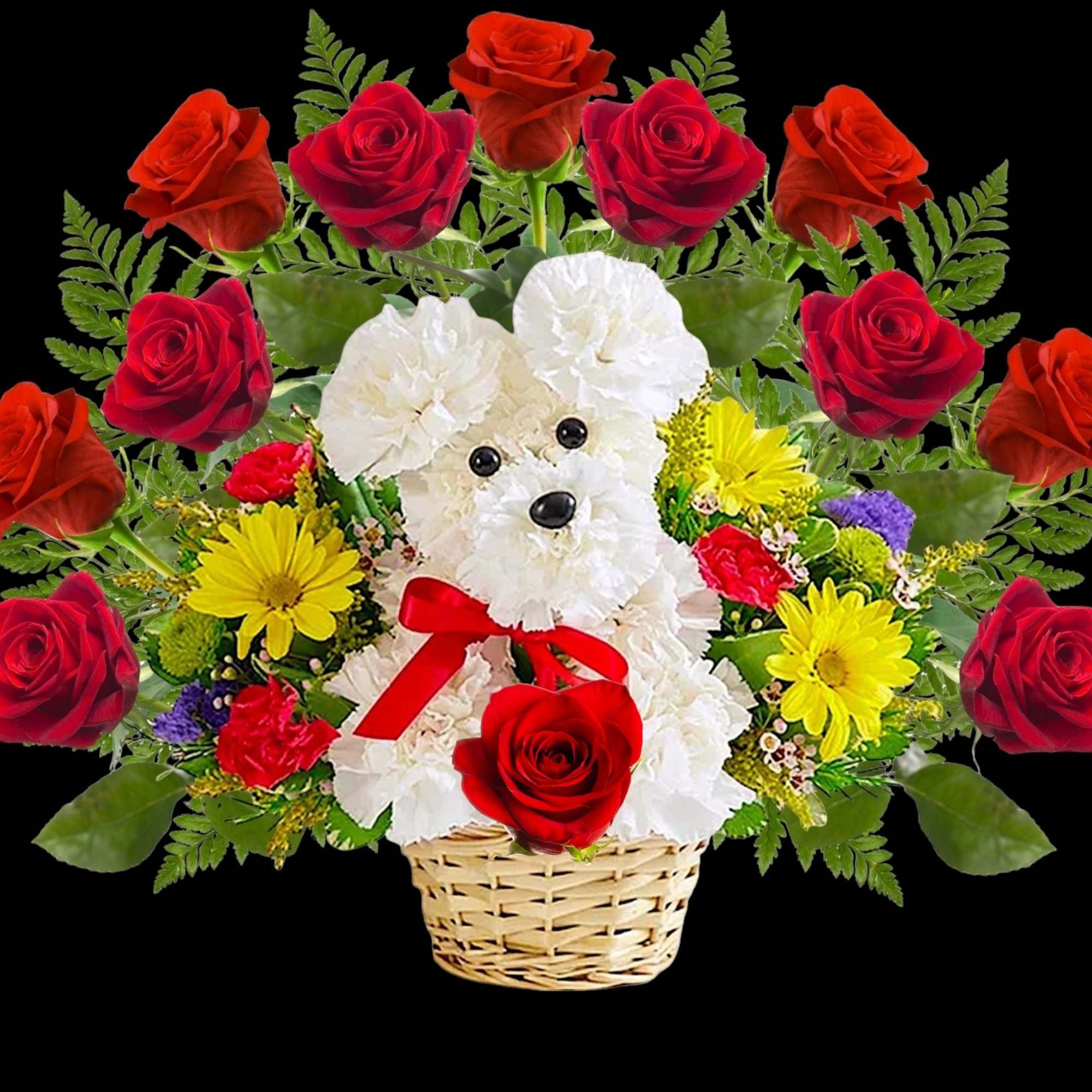 Basket arrangement with a white teddy bear, red roses, and yellow flowers