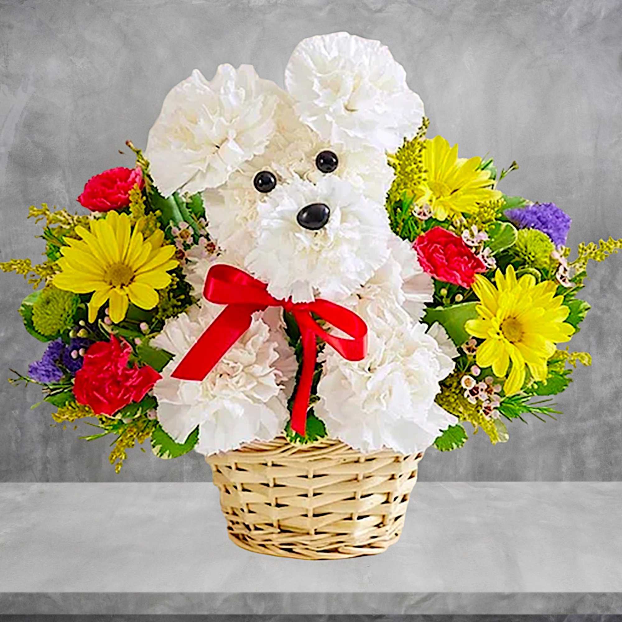 White teddy bear made of flowers in a wicker basket with colorful blooms, photo 3 of 5