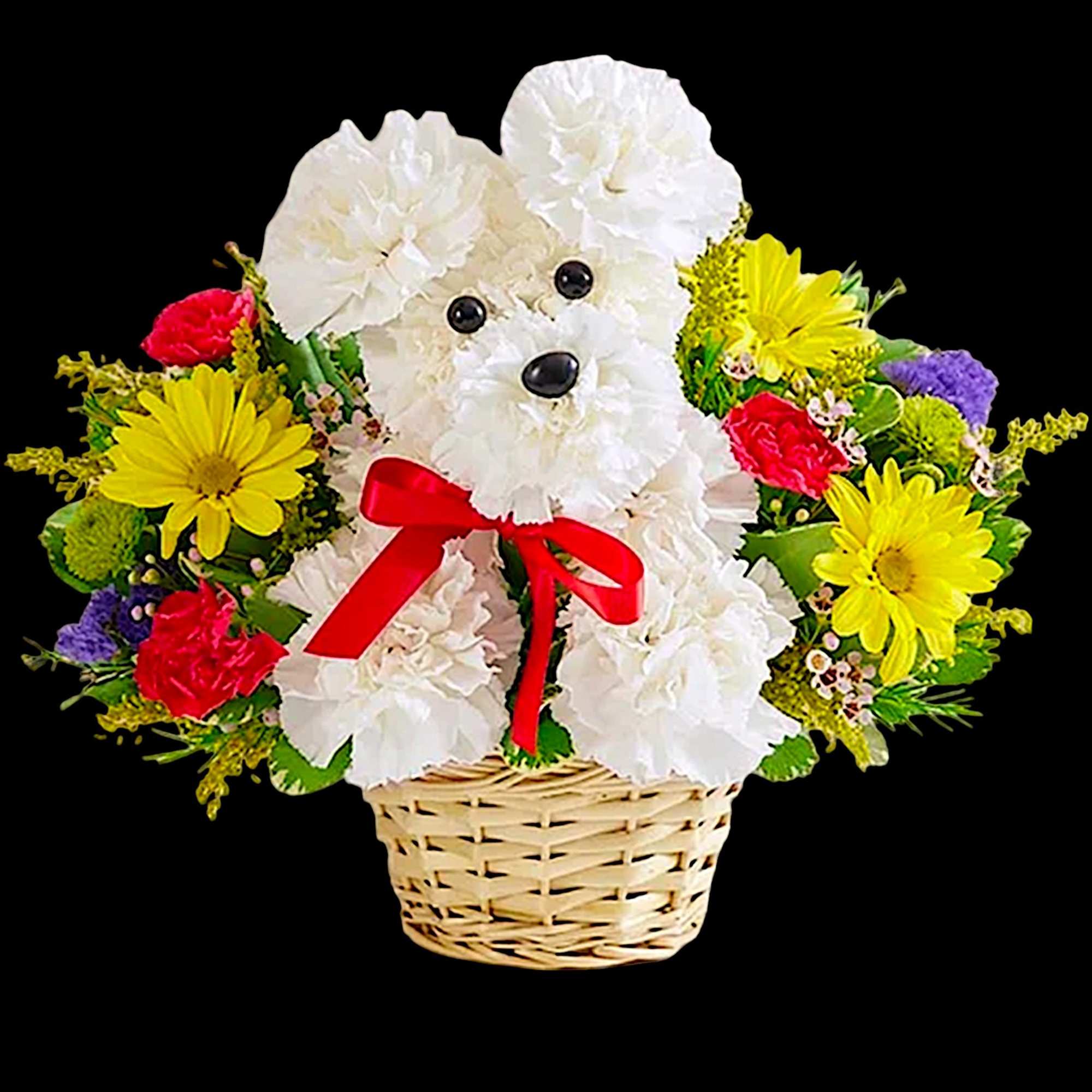 White teddy bear made of flowers in a wicker basket with colorful blooms, photo 4 of 5