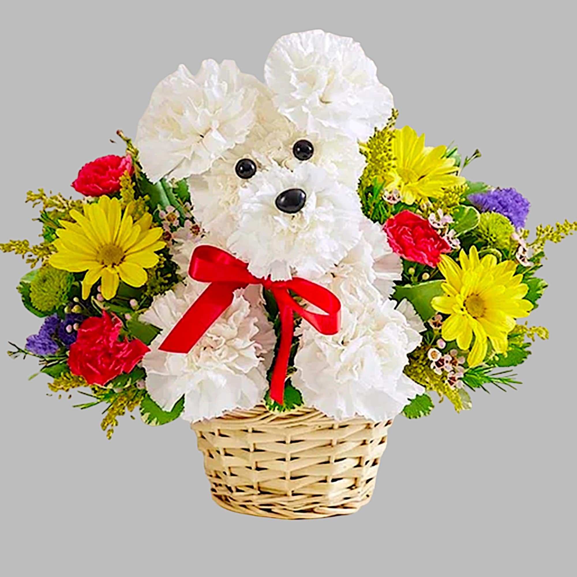 Flower basket arranged as a white teddy bear with a red bow