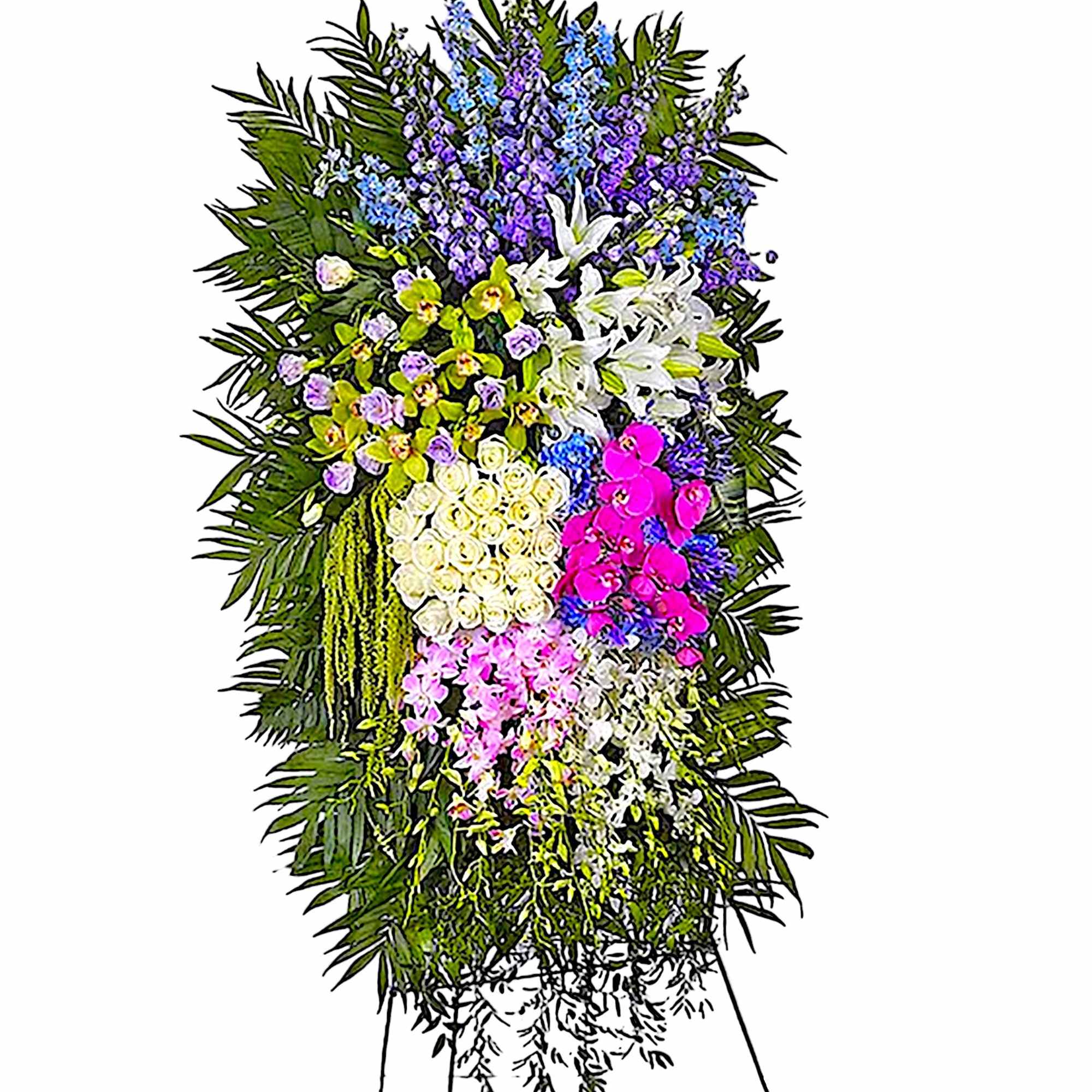 Tall standing floral spray with mixed purple, white, pink, and blue flowers