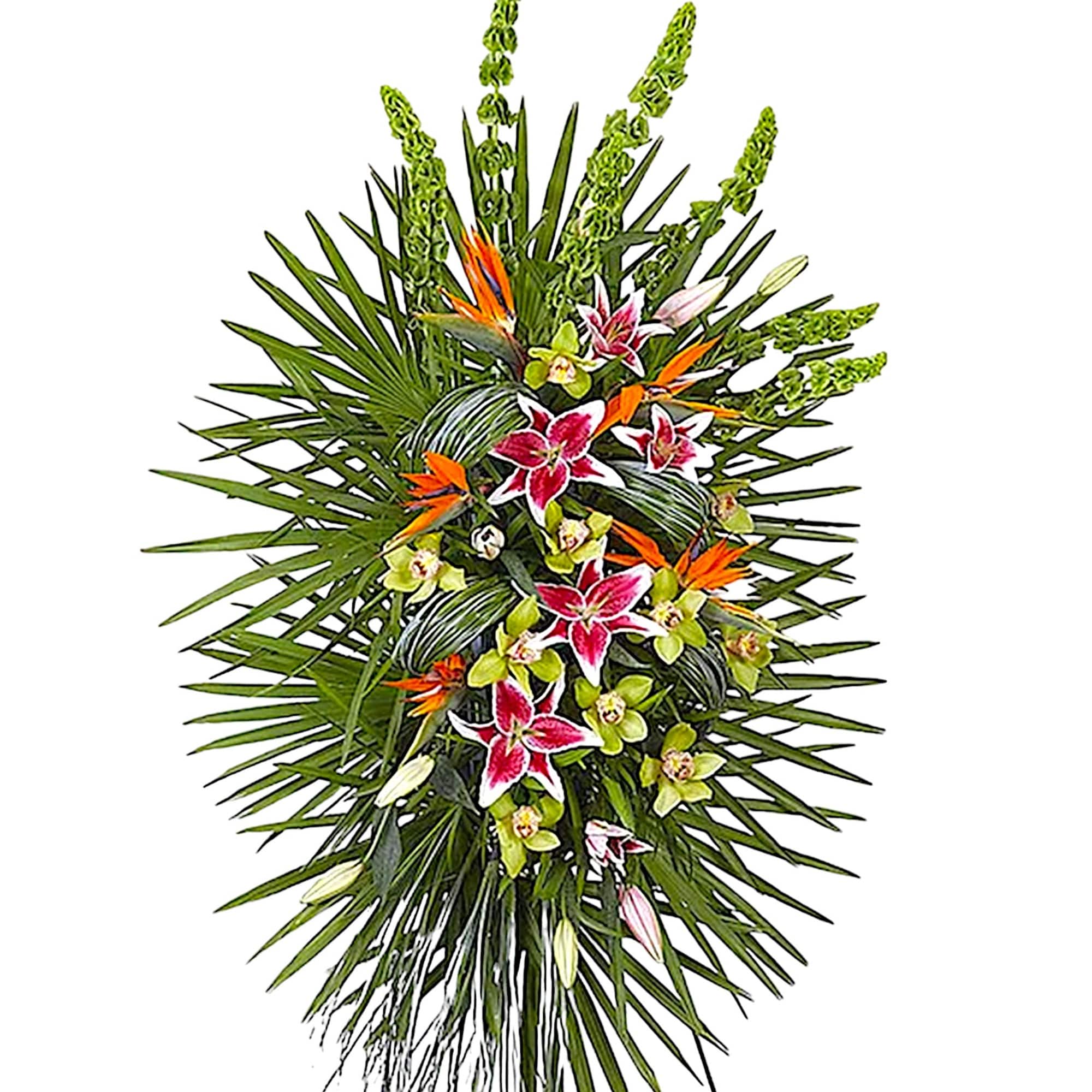 Tropical floral spray with pink orchids and orange bird-of-paradise flowers