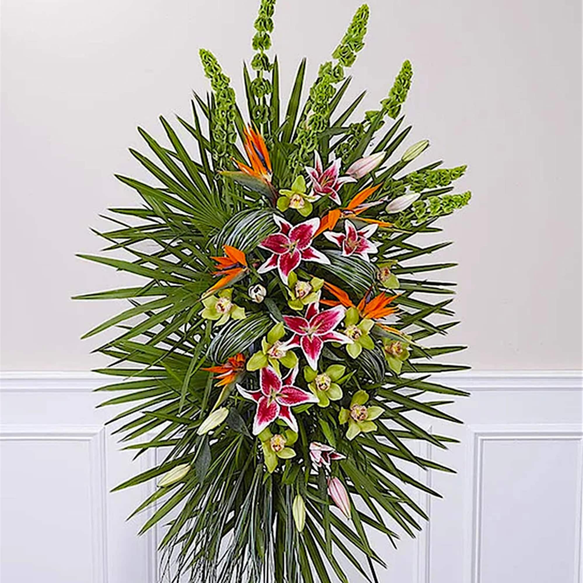 Tropical standing spray with pink lilies and orange bird-of-paradise, photo 2 of 7
