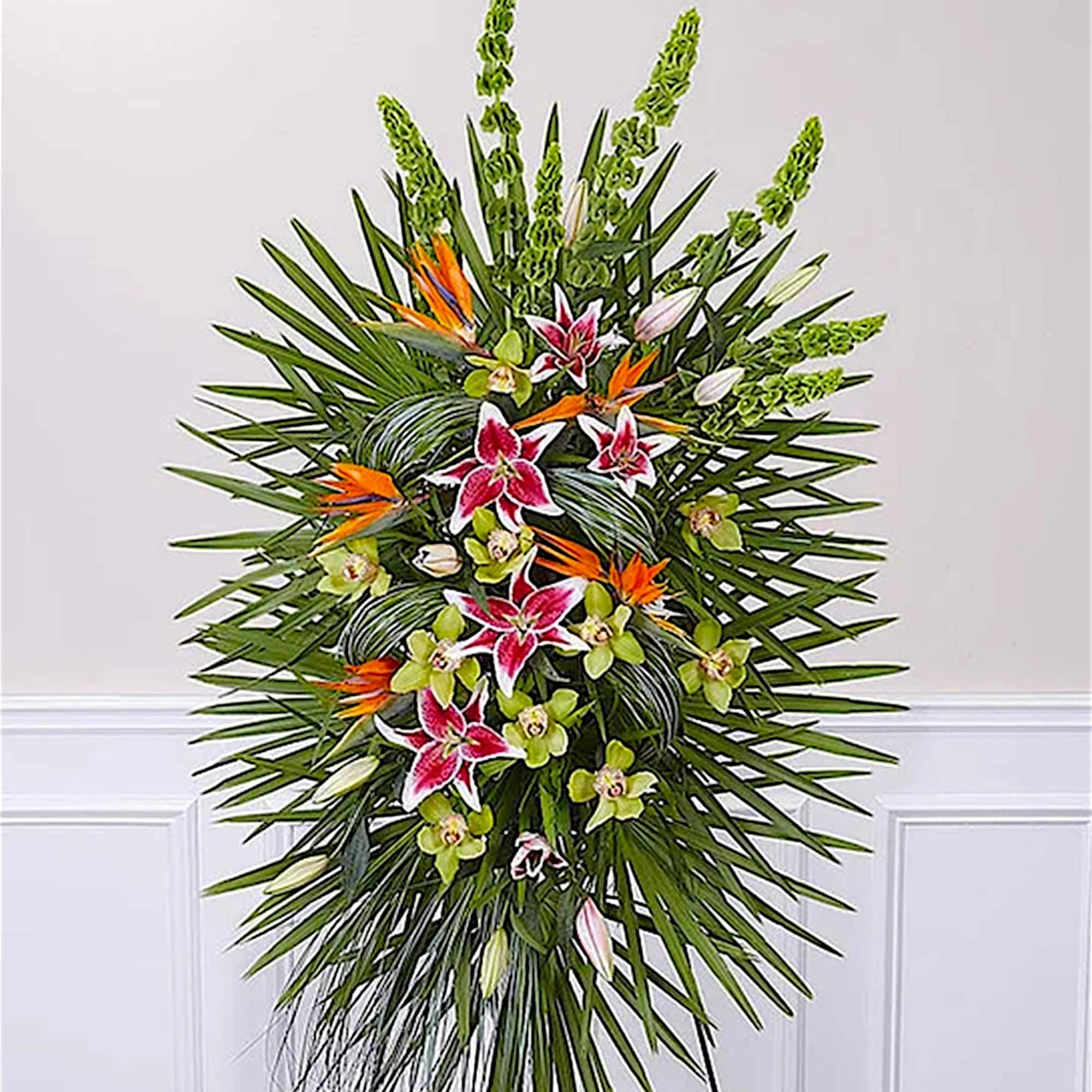 Tall tropical floral spray with pink lilies and orange bird-of-paradise, photo 4 of 7