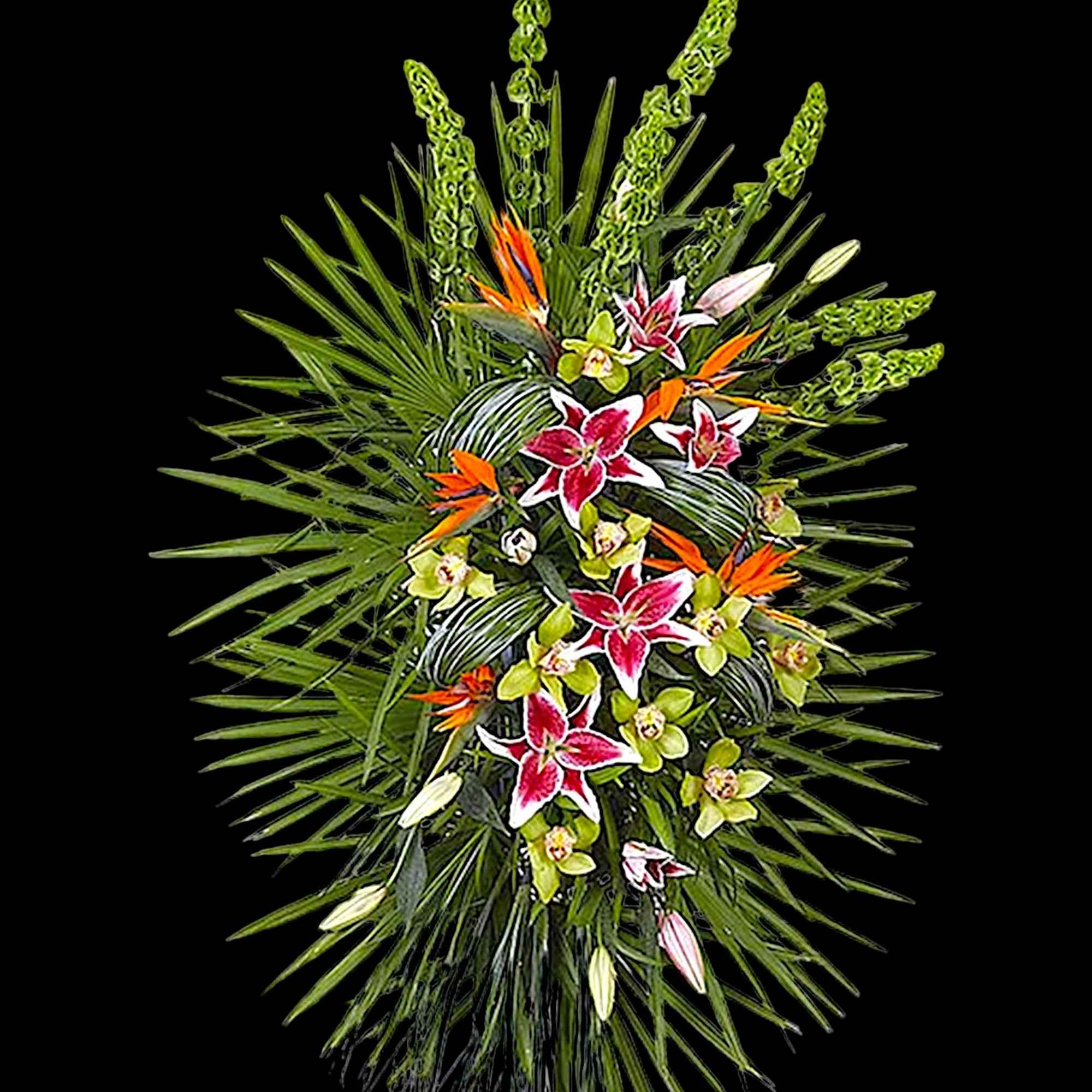 Tropical floral spray with pink lilies and orange bird-of-paradise flowers