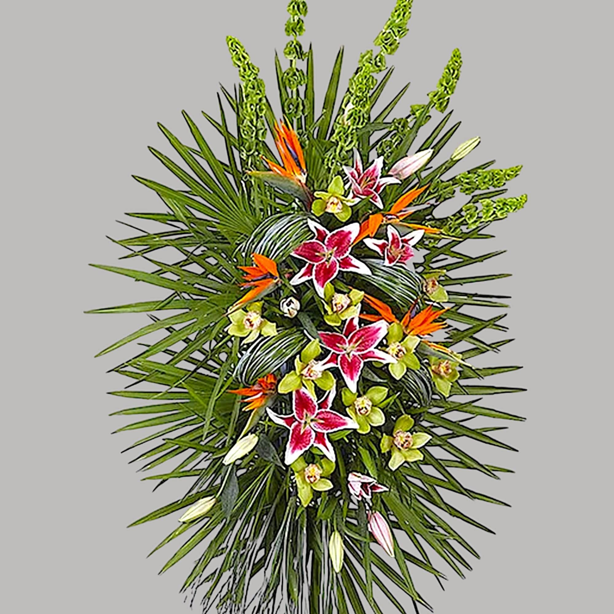 Tropical standing spray with pink lilies and orange bird-of-paradise, photo 7 of 7