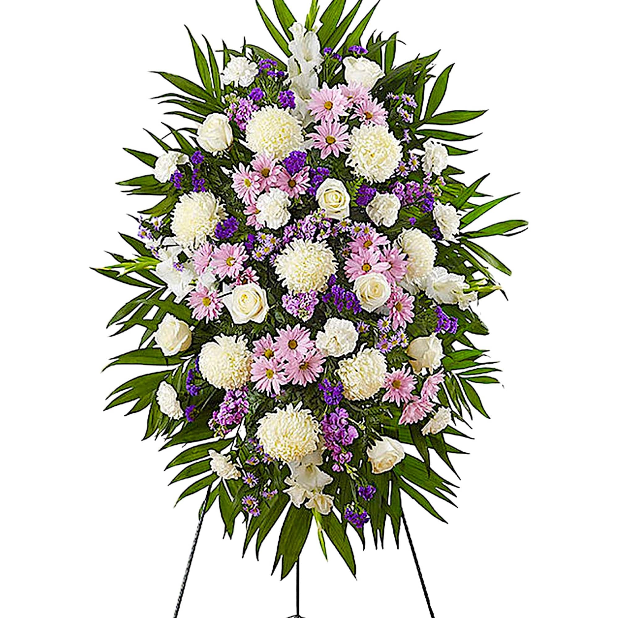 Standing floral spray with white, pink, and purple flowers