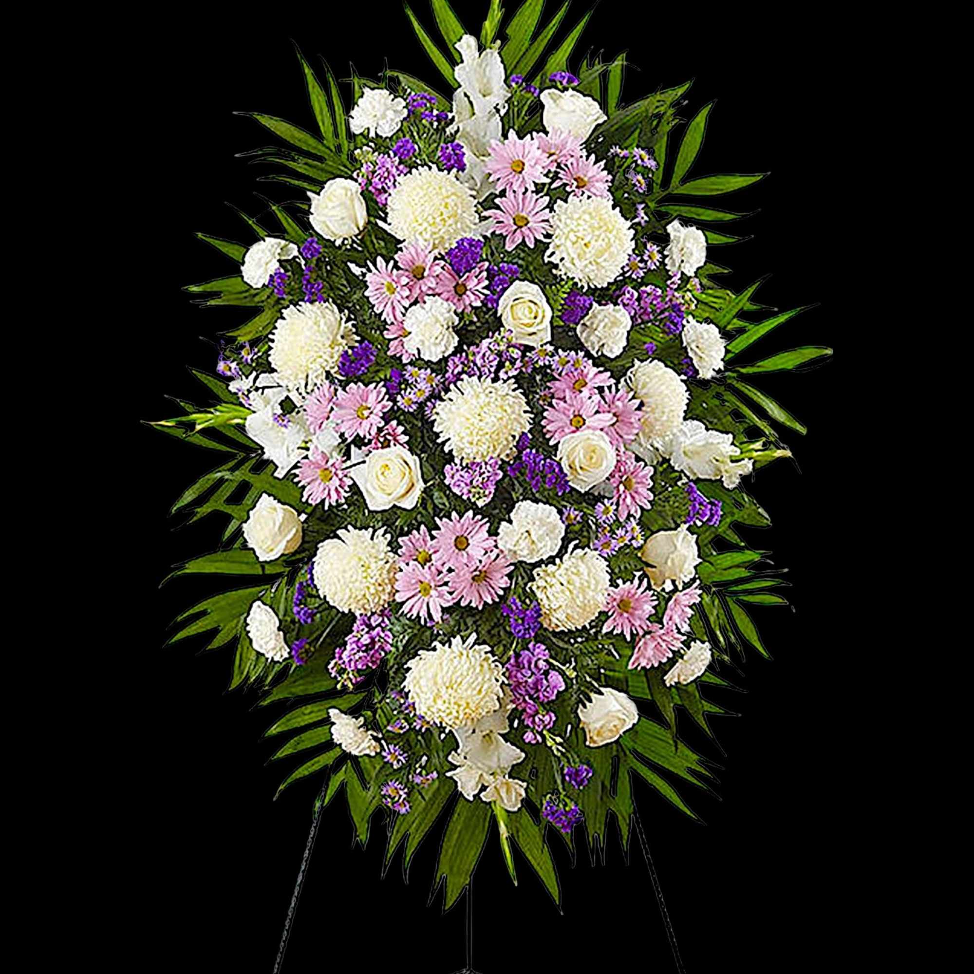 Standing floral spray with white, pink, and purple flowers on a black easel
