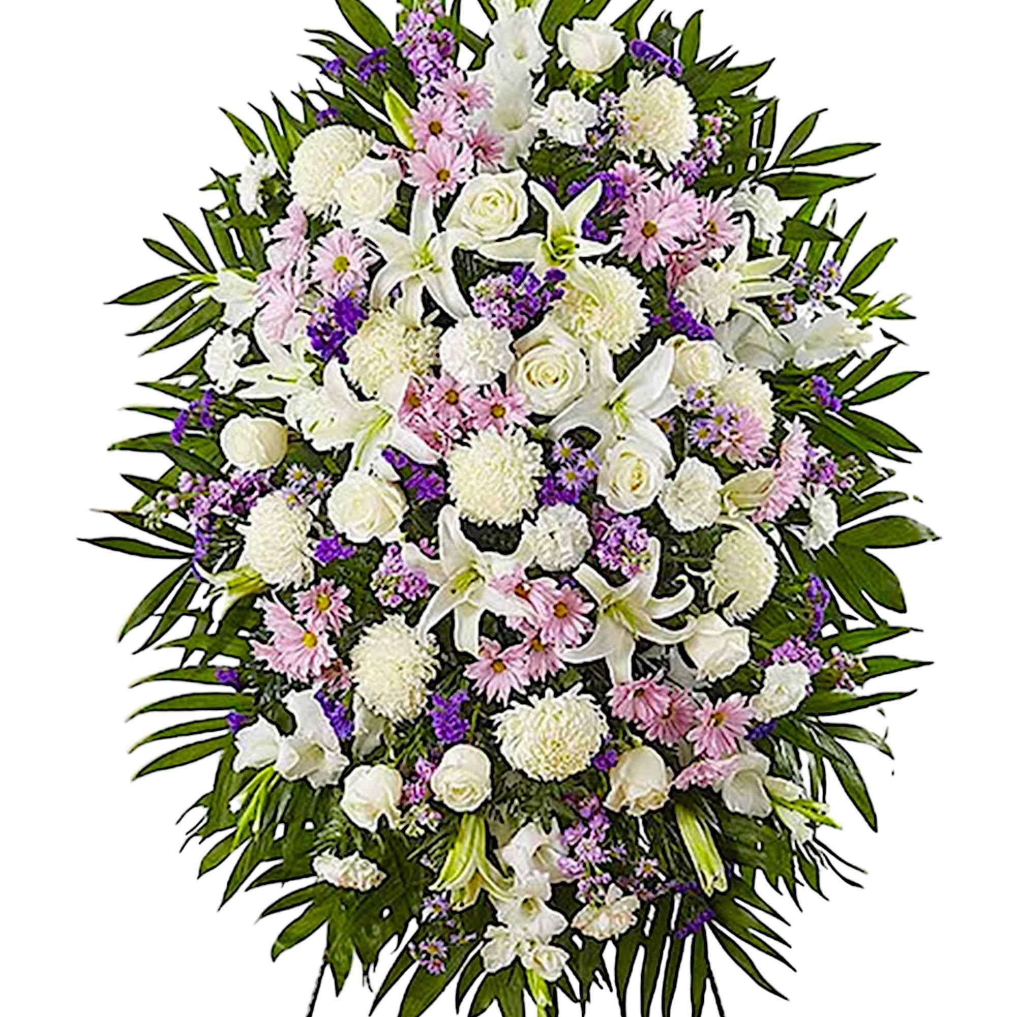 Standing floral spray of white and pink flowers with purple accents