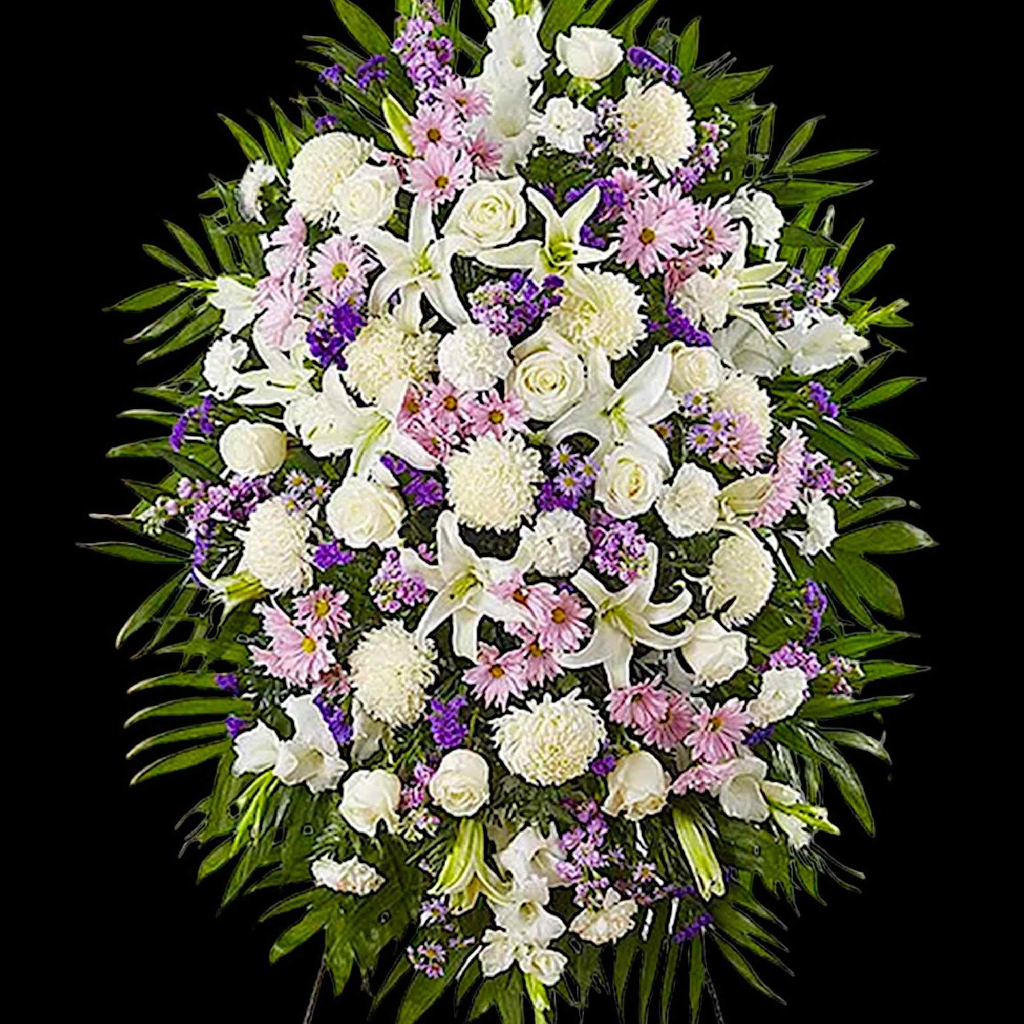 Standing funeral spray of white, pink, and purple flowers
