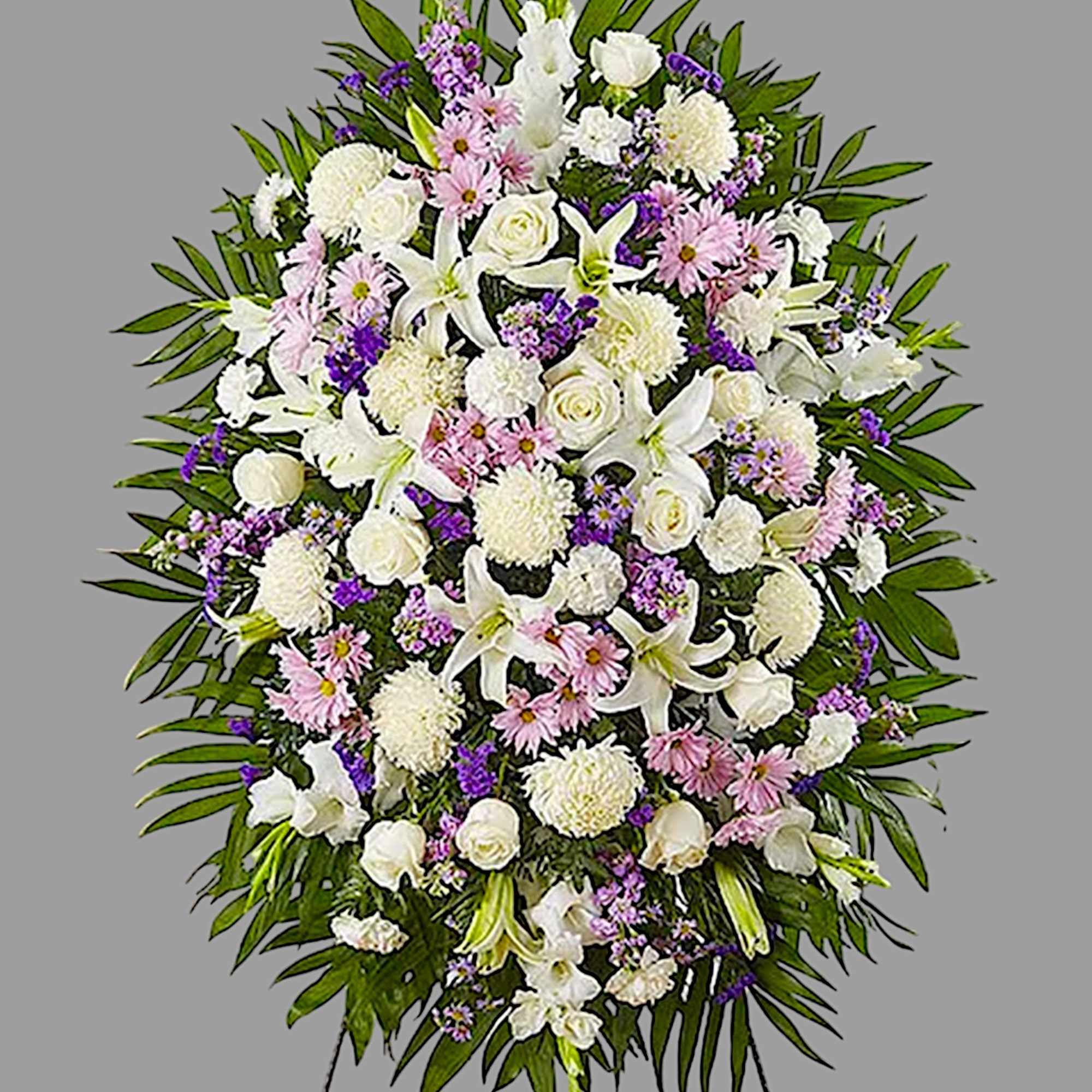 Standing floral spray with white lilies, roses, and pink and purple flowers
