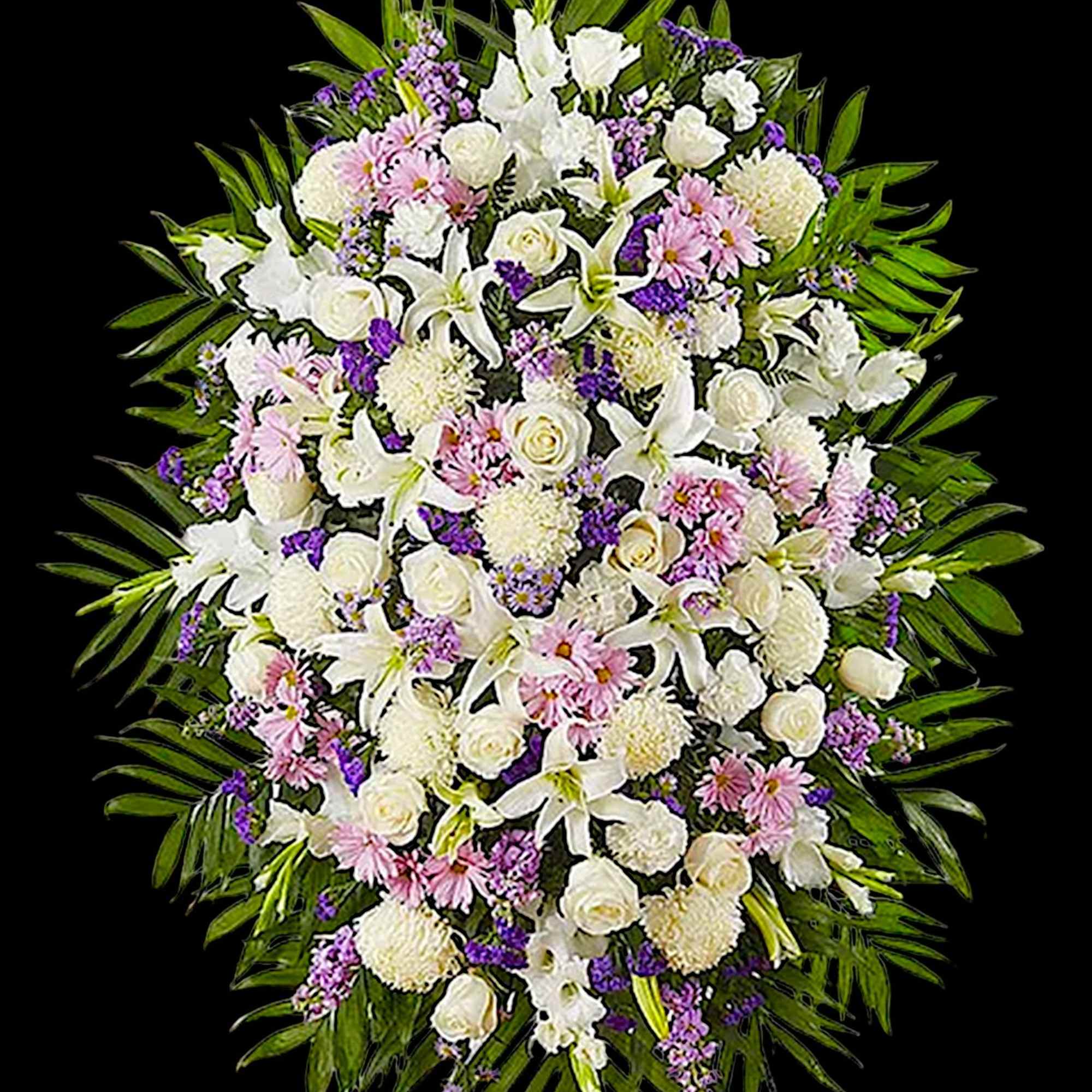 Large standing spray of white, pink, and purple flowers, photo 5 of 6