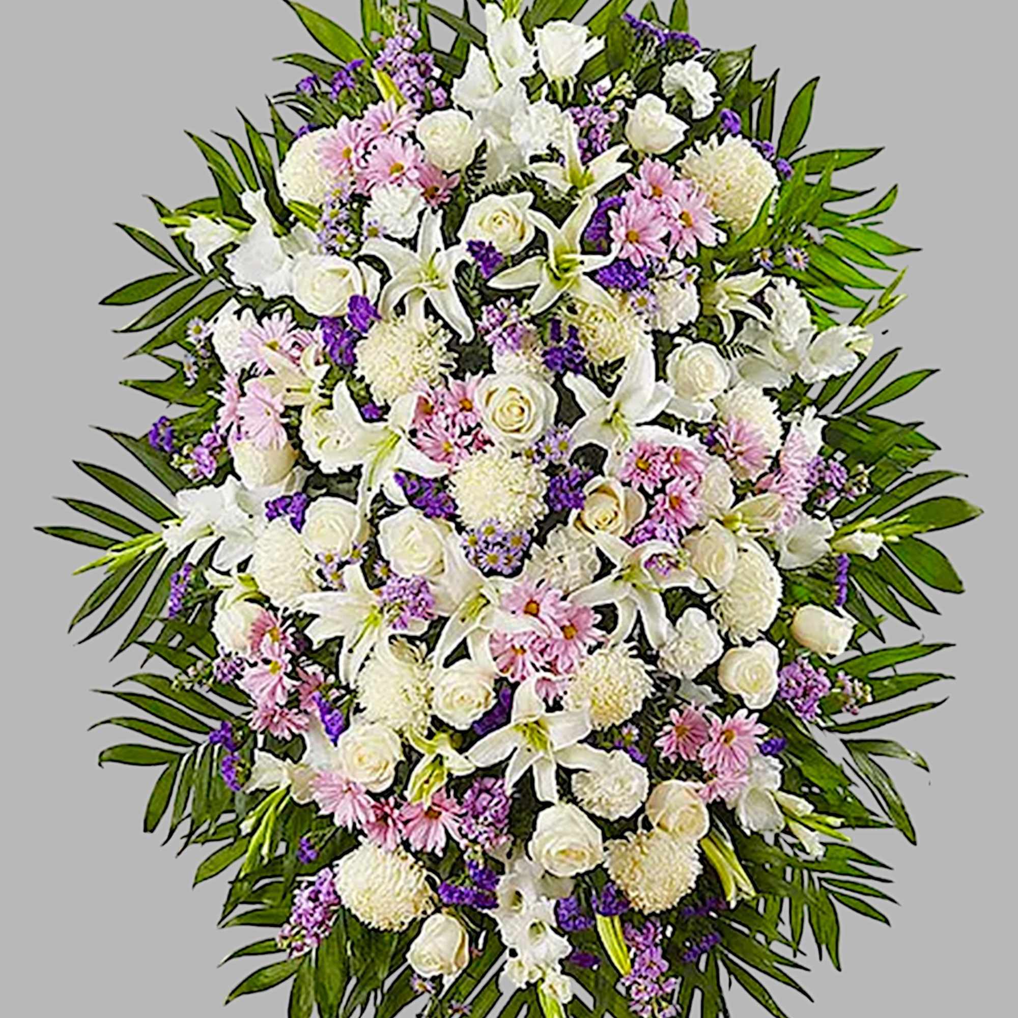 Large standing spray of white, pink, and purple flowers, photo 6 of 6