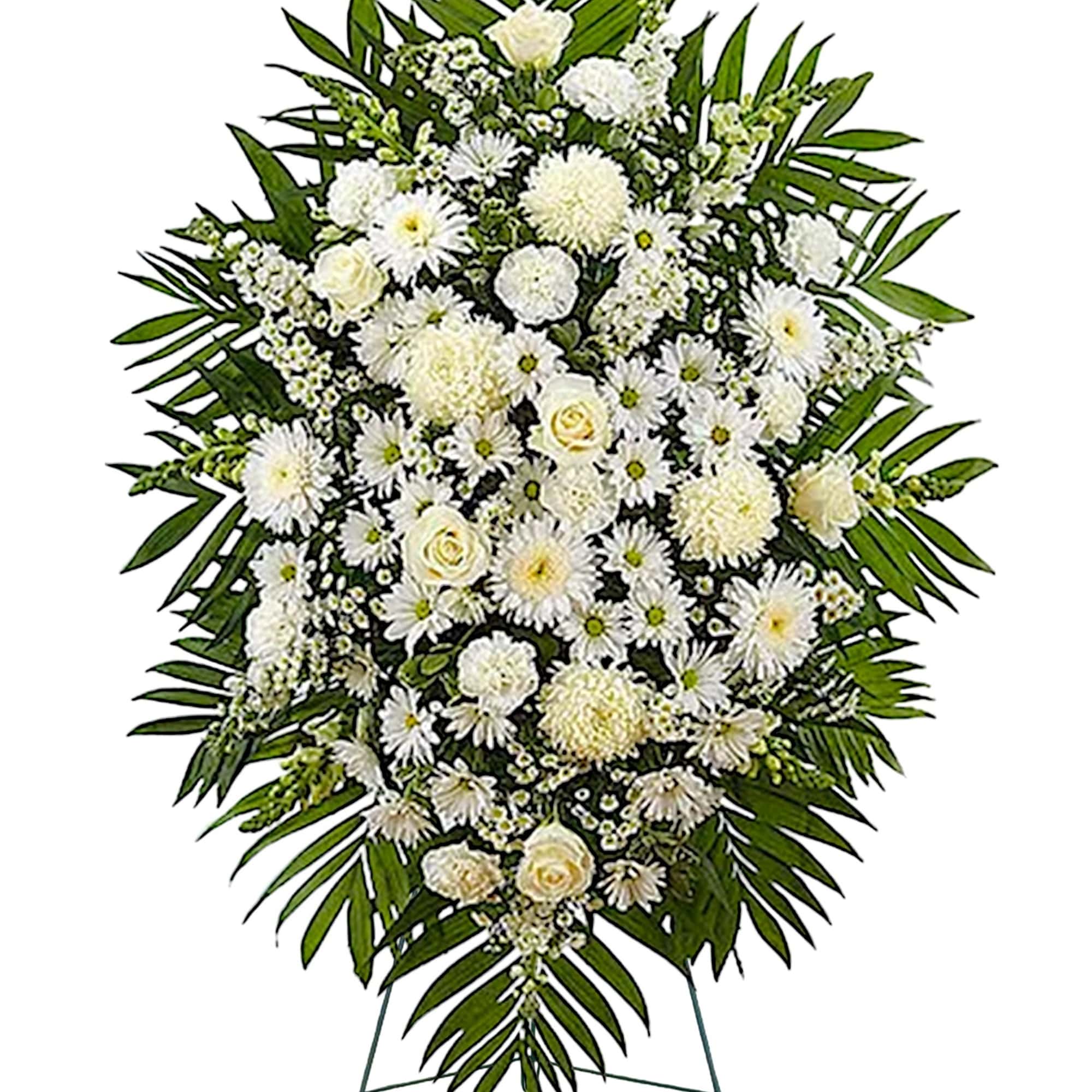 White funeral spray with daisies and roses on a standing easel