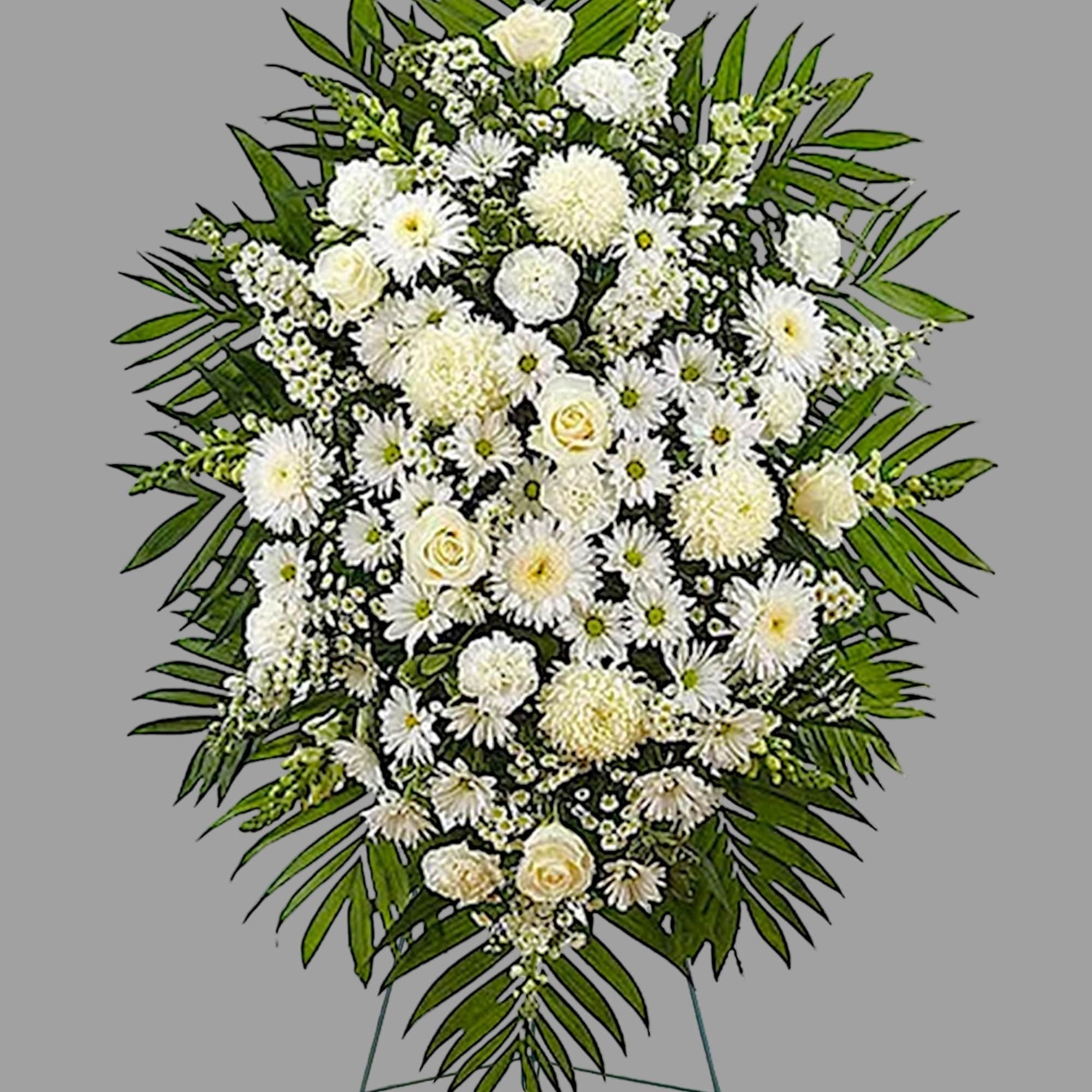 White funeral spray with daisies and roses on a standing easel, photo 6 of 6