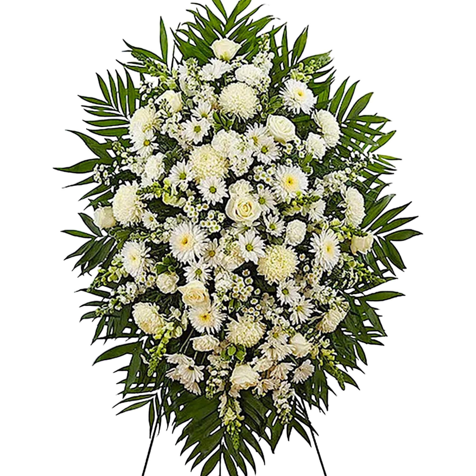 White funeral spray with daisies and roses on a standing easel