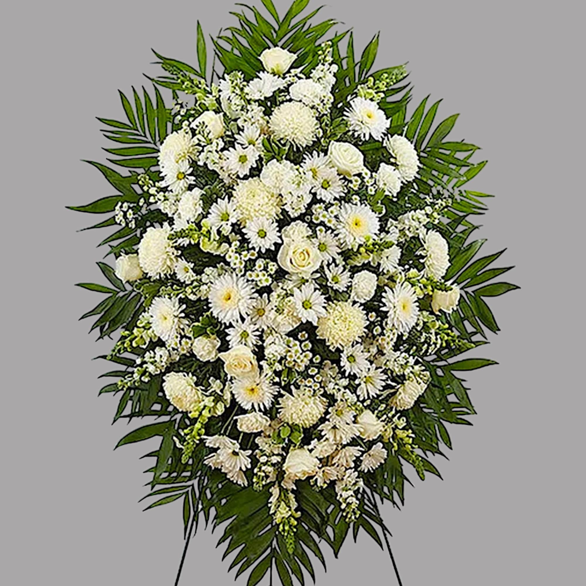 White funeral spray with daisies and roses on a standing easel, photo 6 of 6