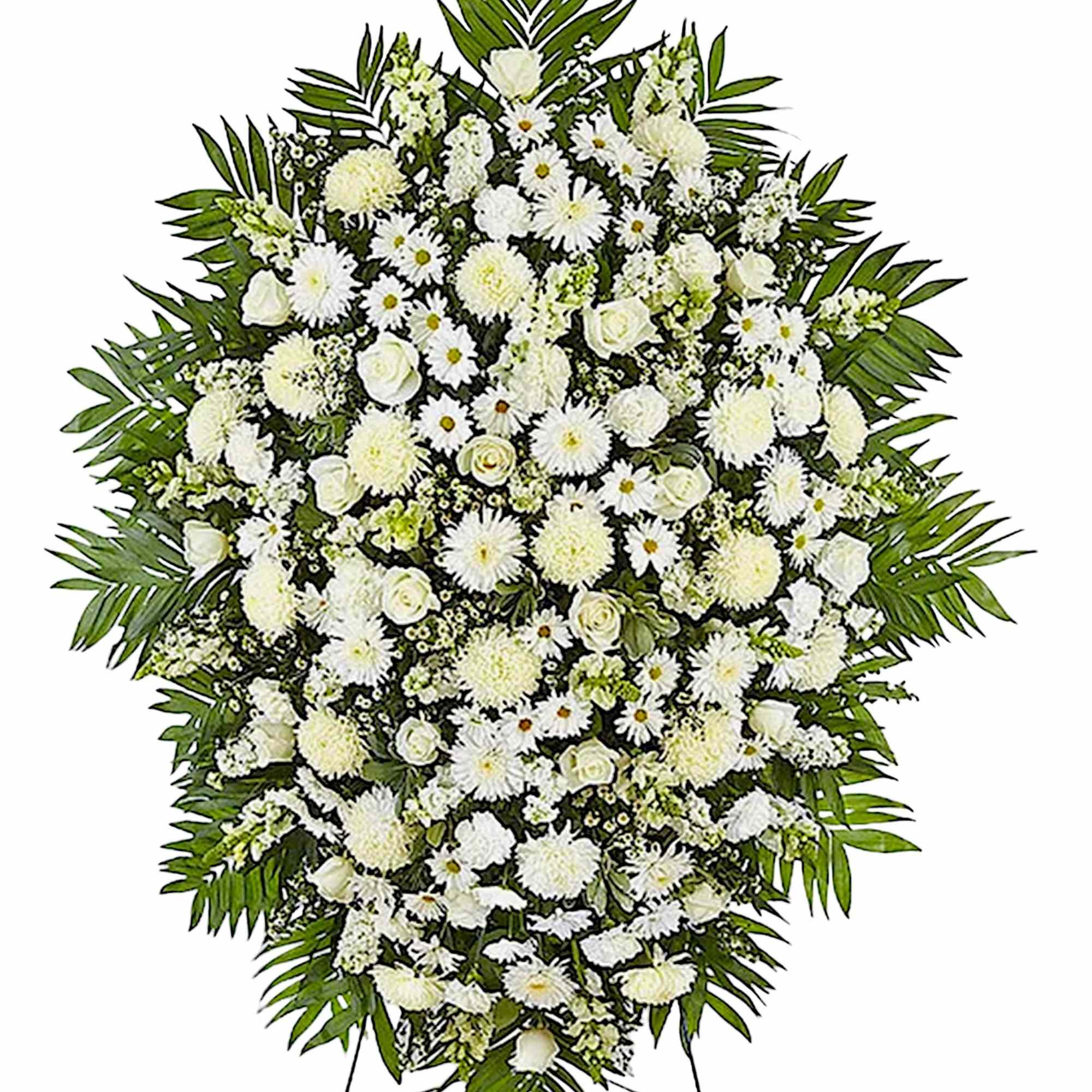 White funeral spray with daisies and roses on a stand