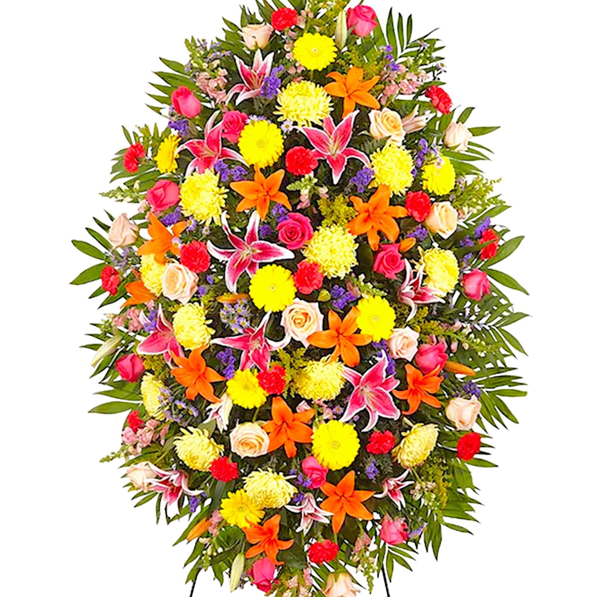 Large standing floral spray with bright mixed flowers on a white background