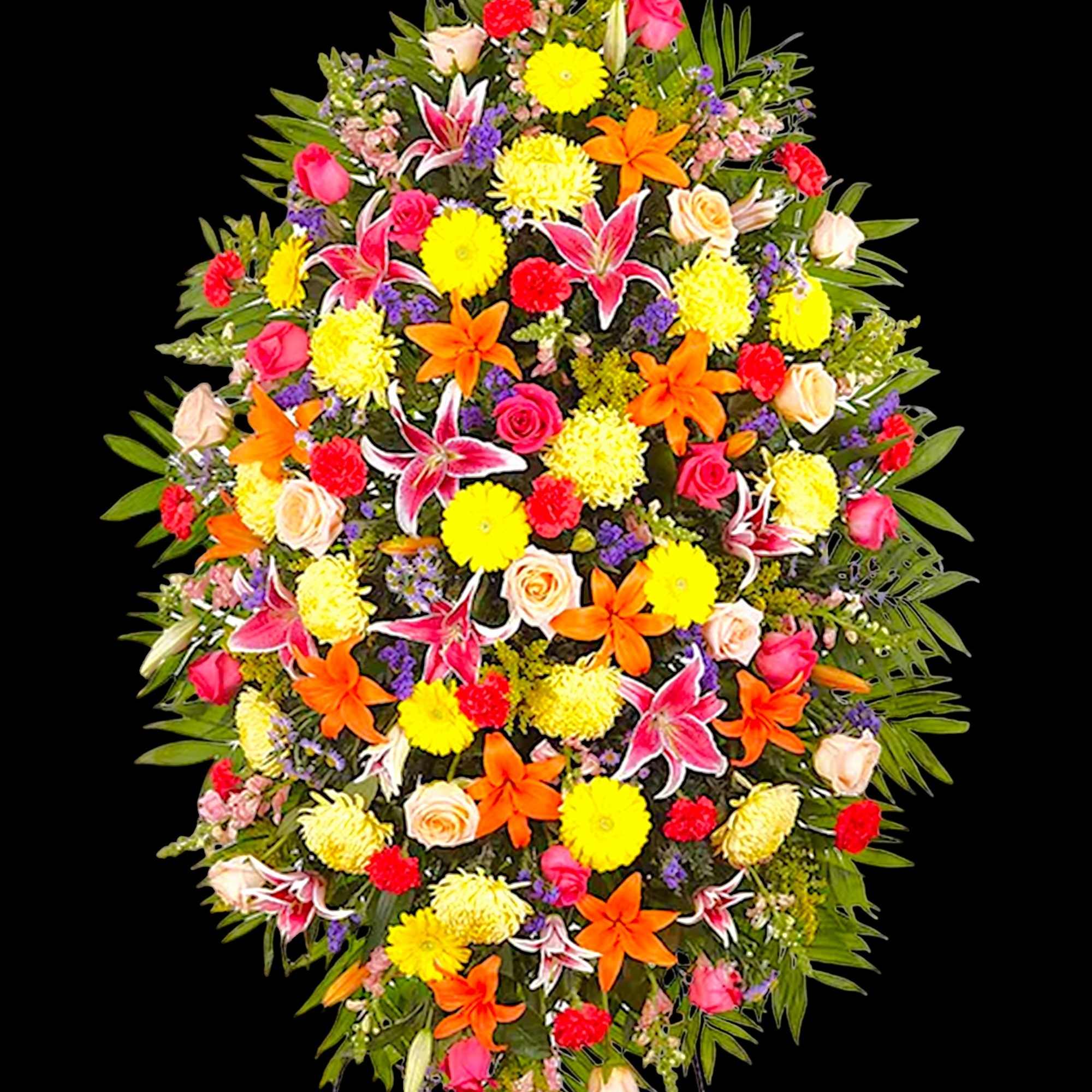 Large standing floral spray with bright mixed flowers on a black background