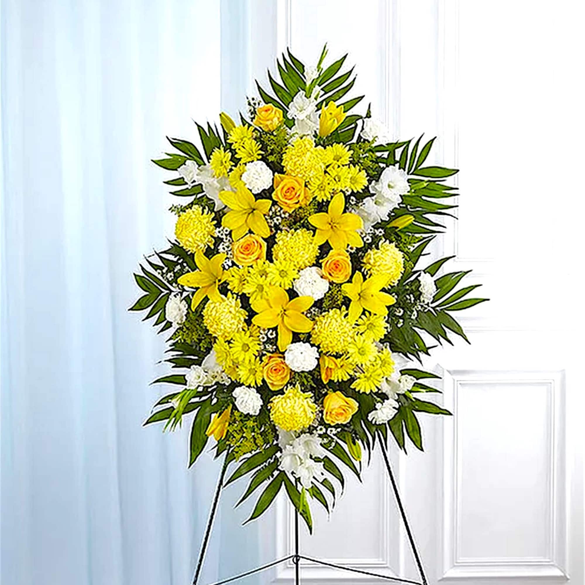 Yellow and white floral standing spray on an easel, photo 3 of 6