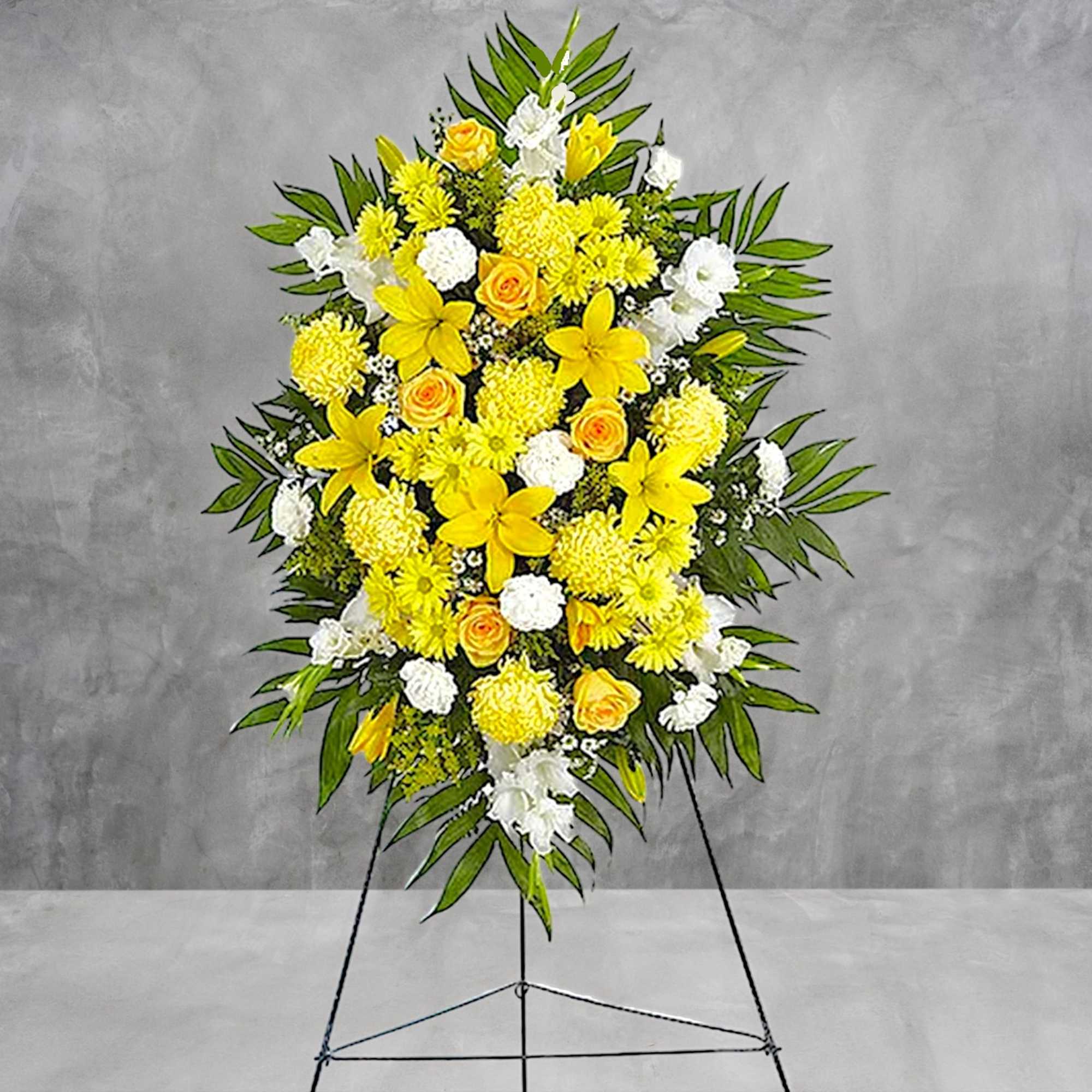 Yellow and white floral standing spray on an easel, photo 4 of 6