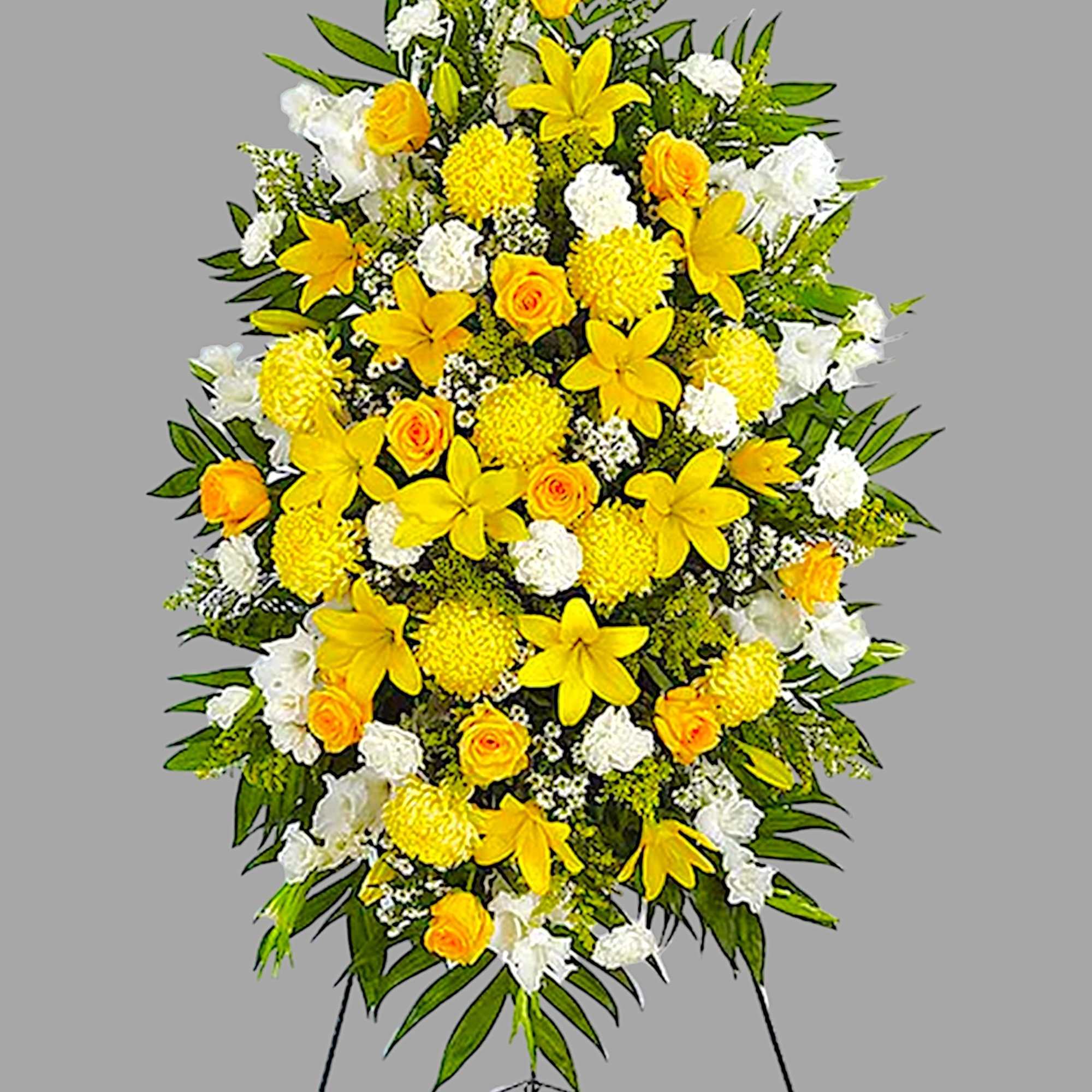 Yellow and white standing floral spray on an easel, photo 6 of 6