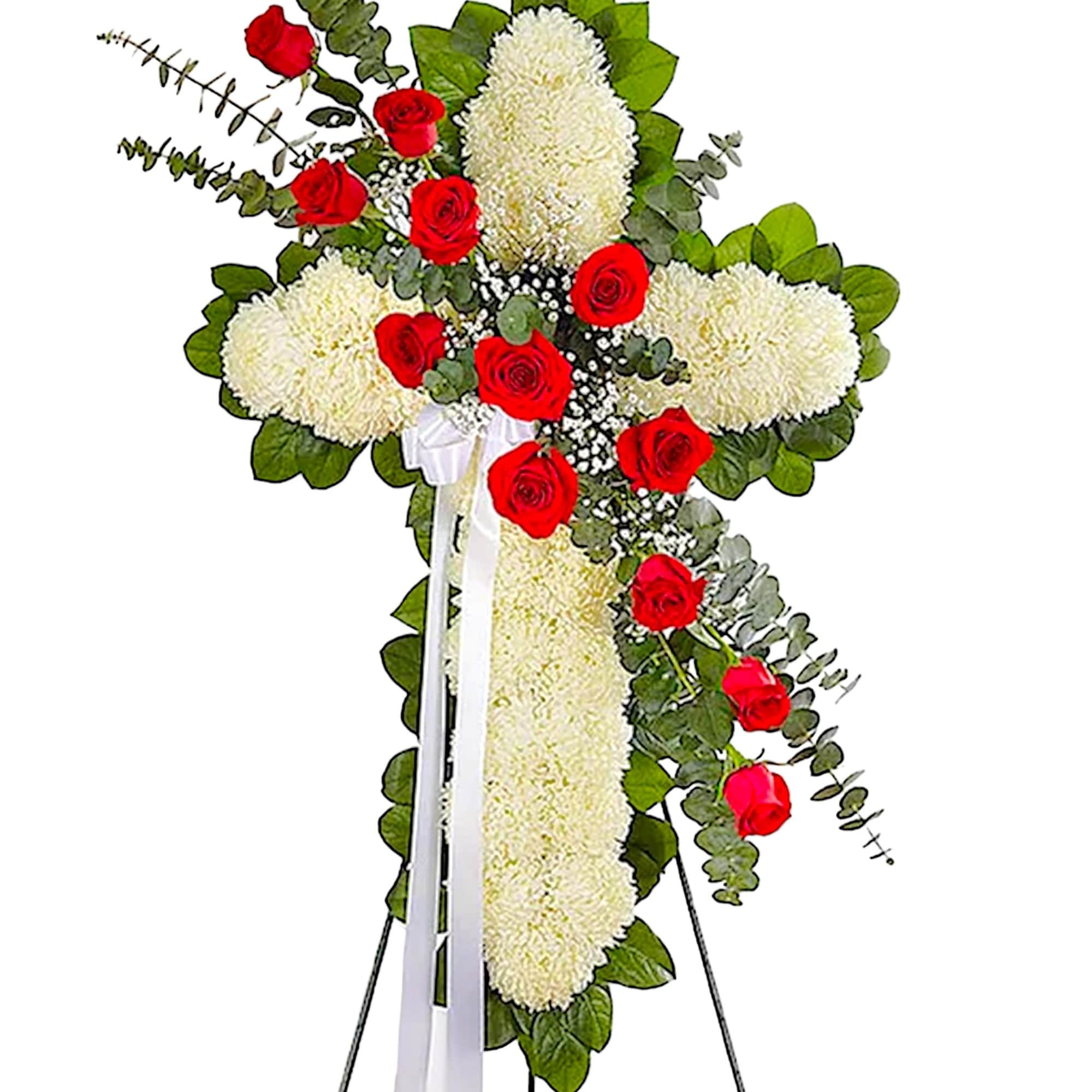 Standing floral cross with red roses and white chrysanthemums