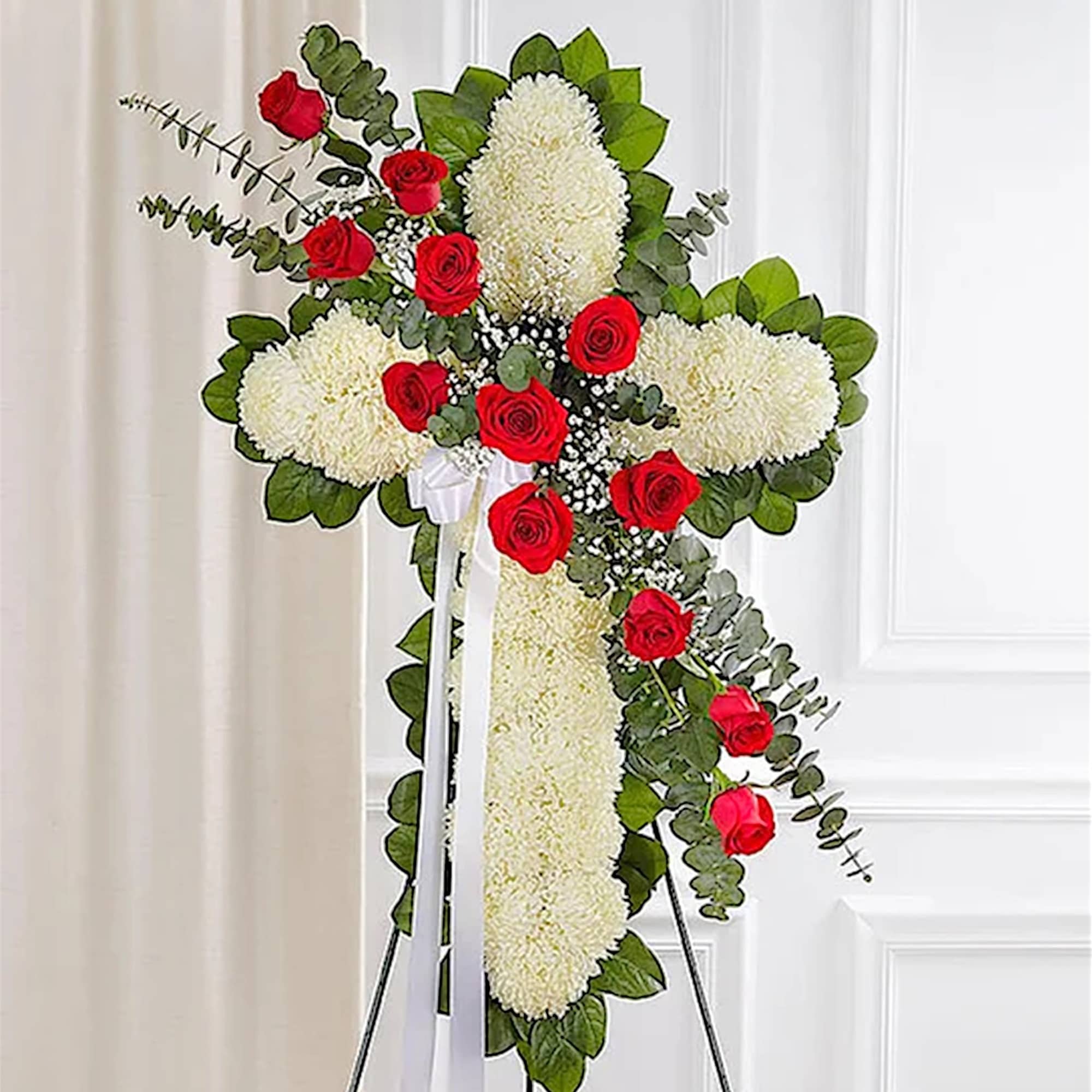 Standing floral cross with white mums and red roses on an easel, photo 3 of 7